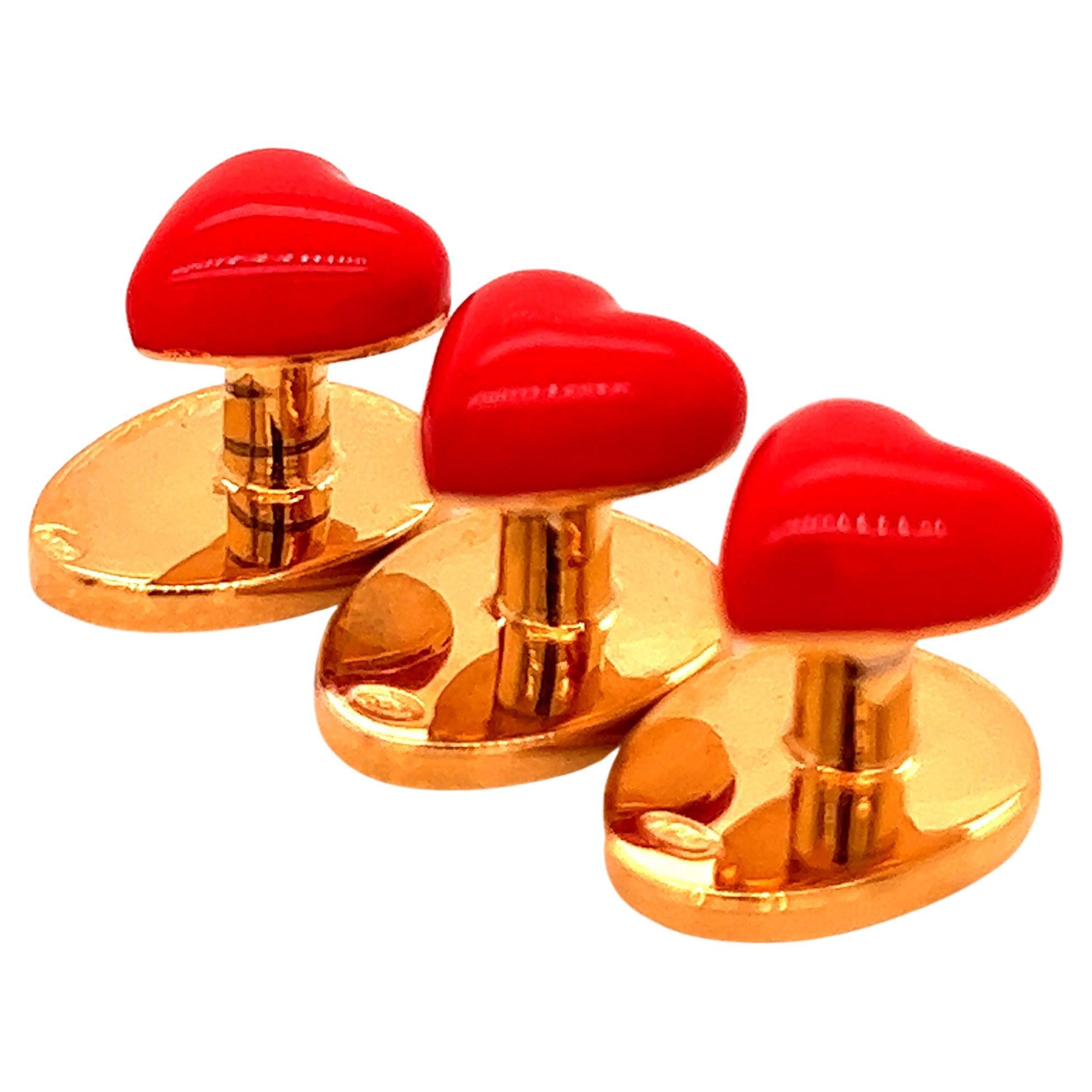 Berca Red Heart Shaped Hand Enamelled Sterling Silver Gold Plated Stud Set For Sale