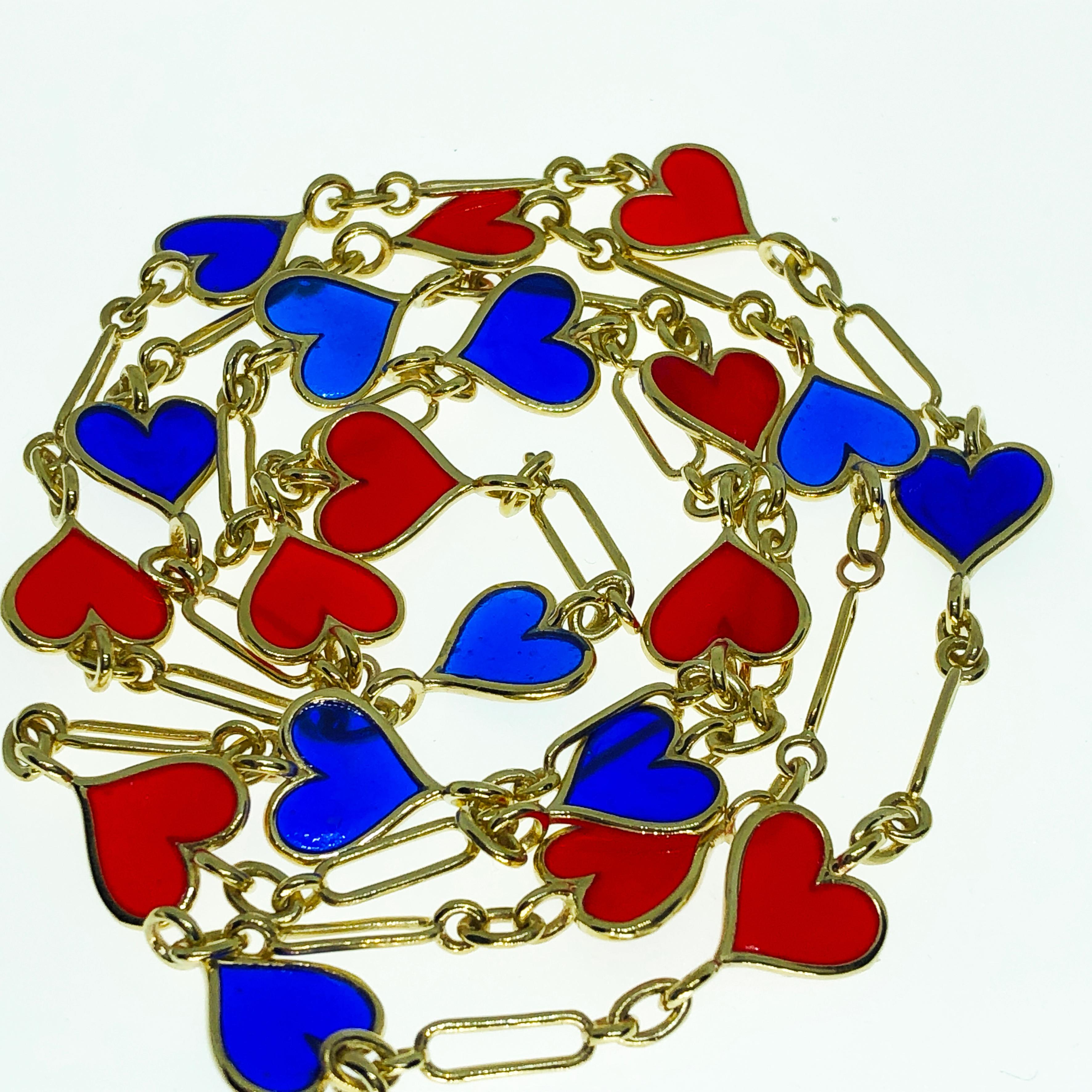 Contemporary Berca Red Navy Blue Heart Shaped Hand Enameled Yellow Gold Long Chain Necklace For Sale