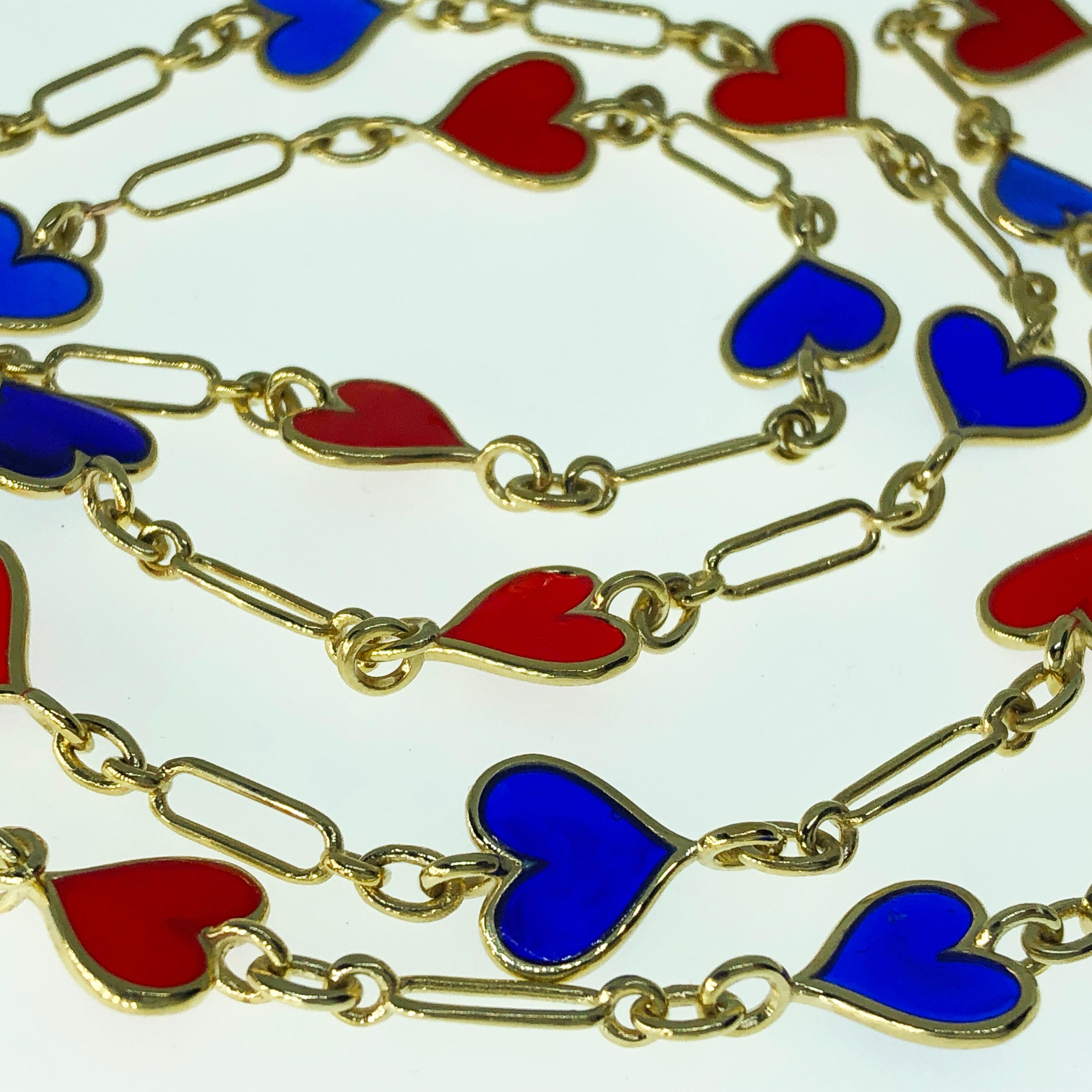Women's Berca Red Navy Blue Heart Shaped Hand Enameled Yellow Gold Long Chain Necklace For Sale