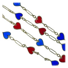 Berca Red Navy Blue Heart Shaped Hand Enameled Yellow Gold Long Chain Necklace