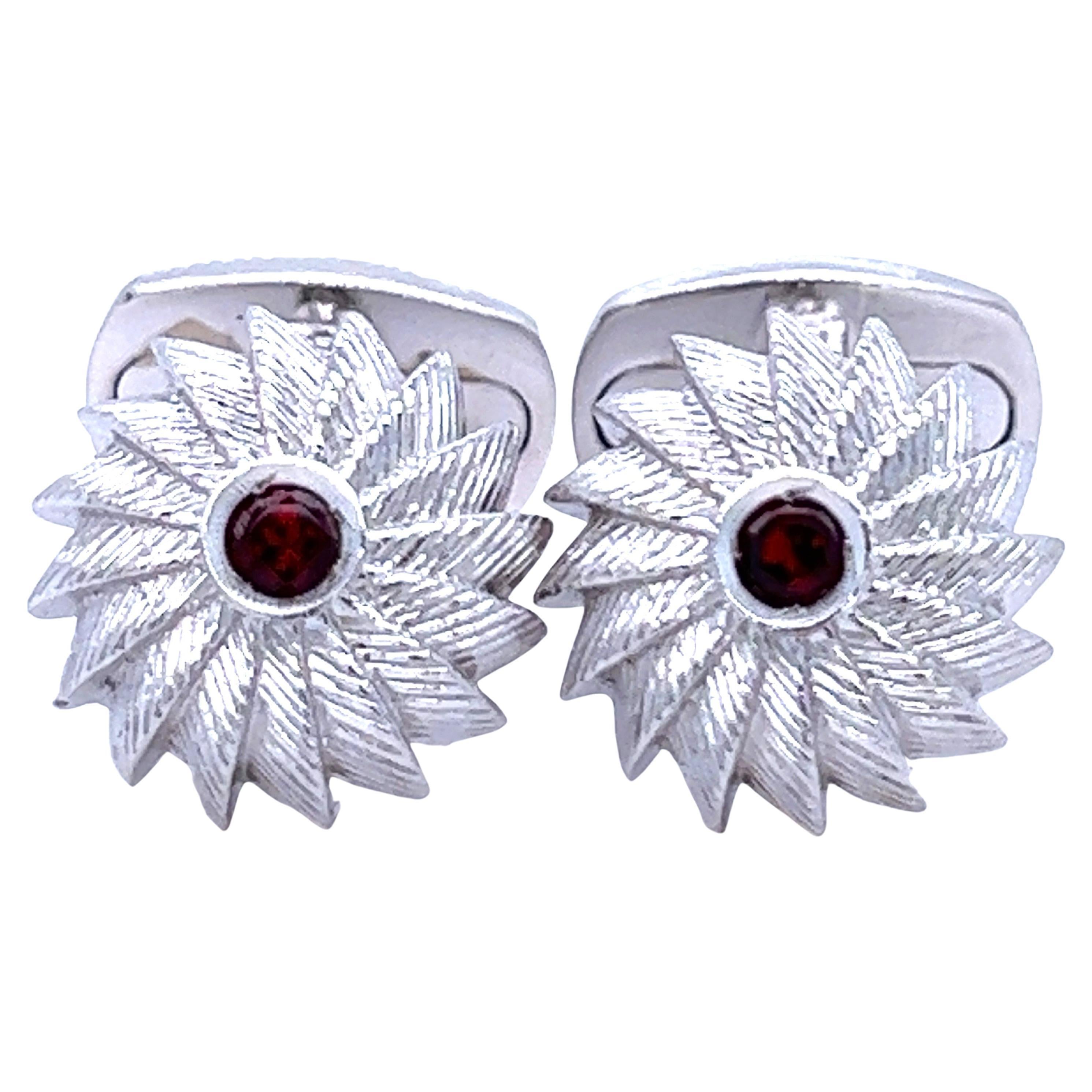Berca Red Spessartine Sterling Silver Hand Engraved Cufflinks For Sale