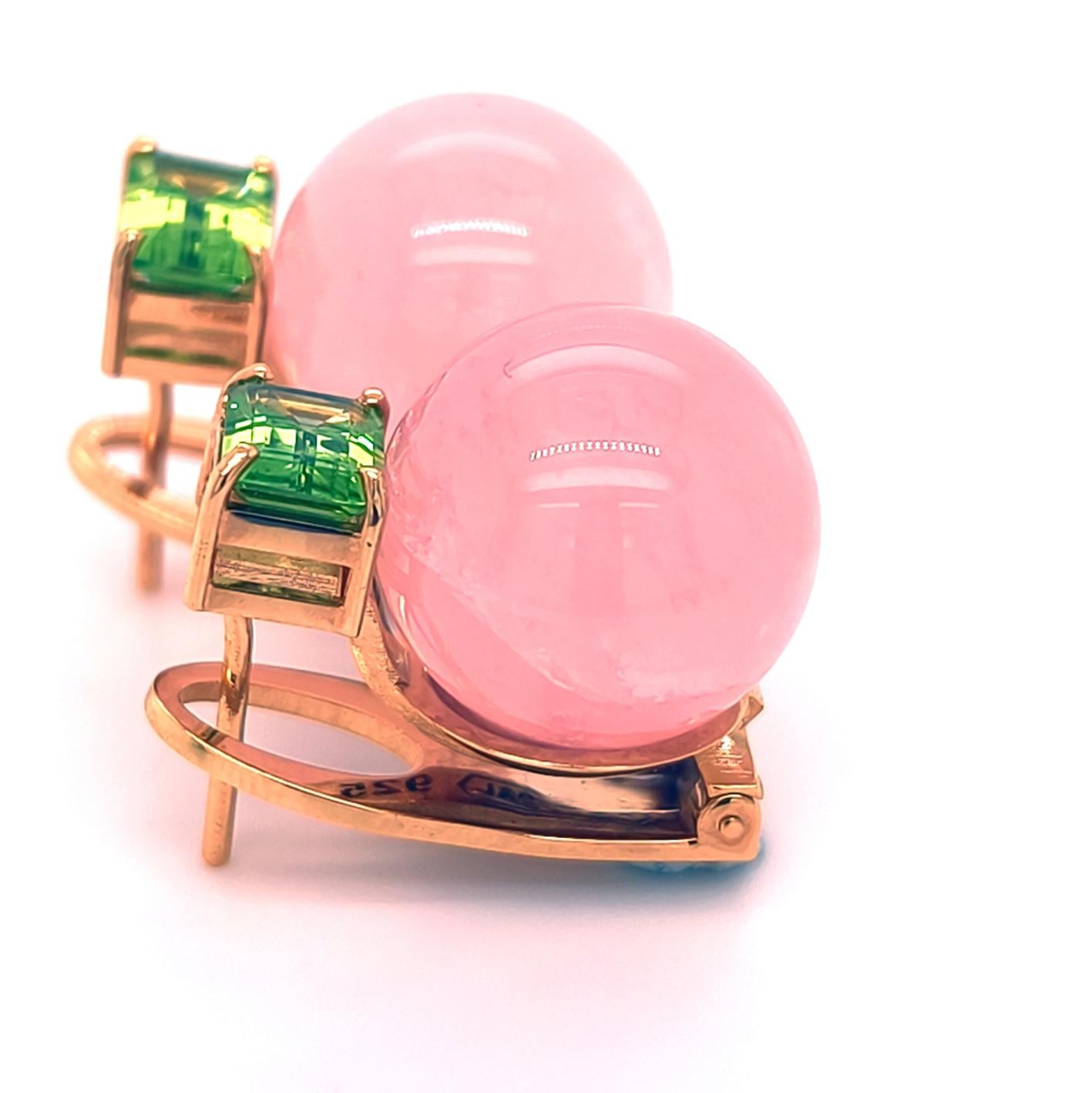 Modern BERCA Rose Quartz and Peridot Earrings Set in Gold-Plated Solid Silver For Sale