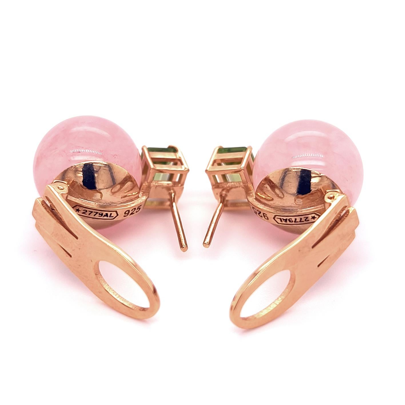 Ball Cut BERCA Rose Quartz and Peridot Earrings Set in Gold-Plated Solid Silver For Sale