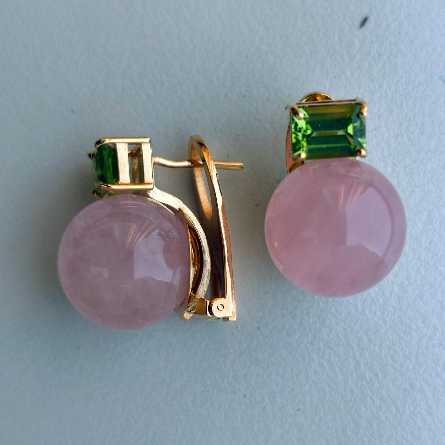 Women's BERCA Rose Quartz and Peridot Earrings Set in Gold-Plated Solid Silver For Sale