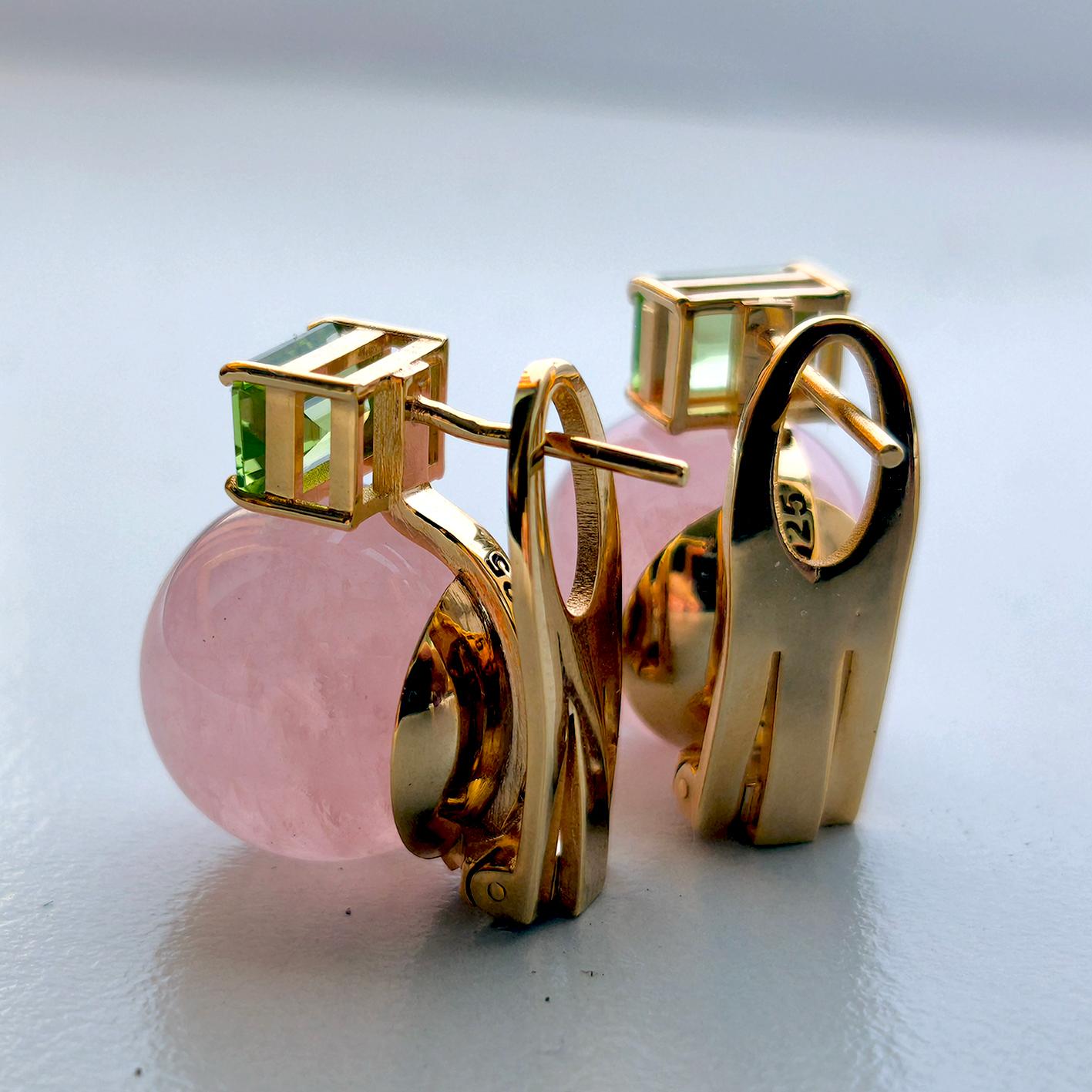 BERCA Rose Quartz and Peridot Earrings Set in Gold-Plated Solid Silver For Sale 1