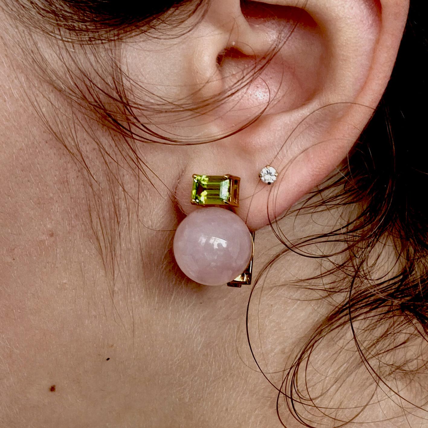 BERCA Rose Quartz and Peridot Earrings Set in Gold-Plated Solid Silver For Sale 3