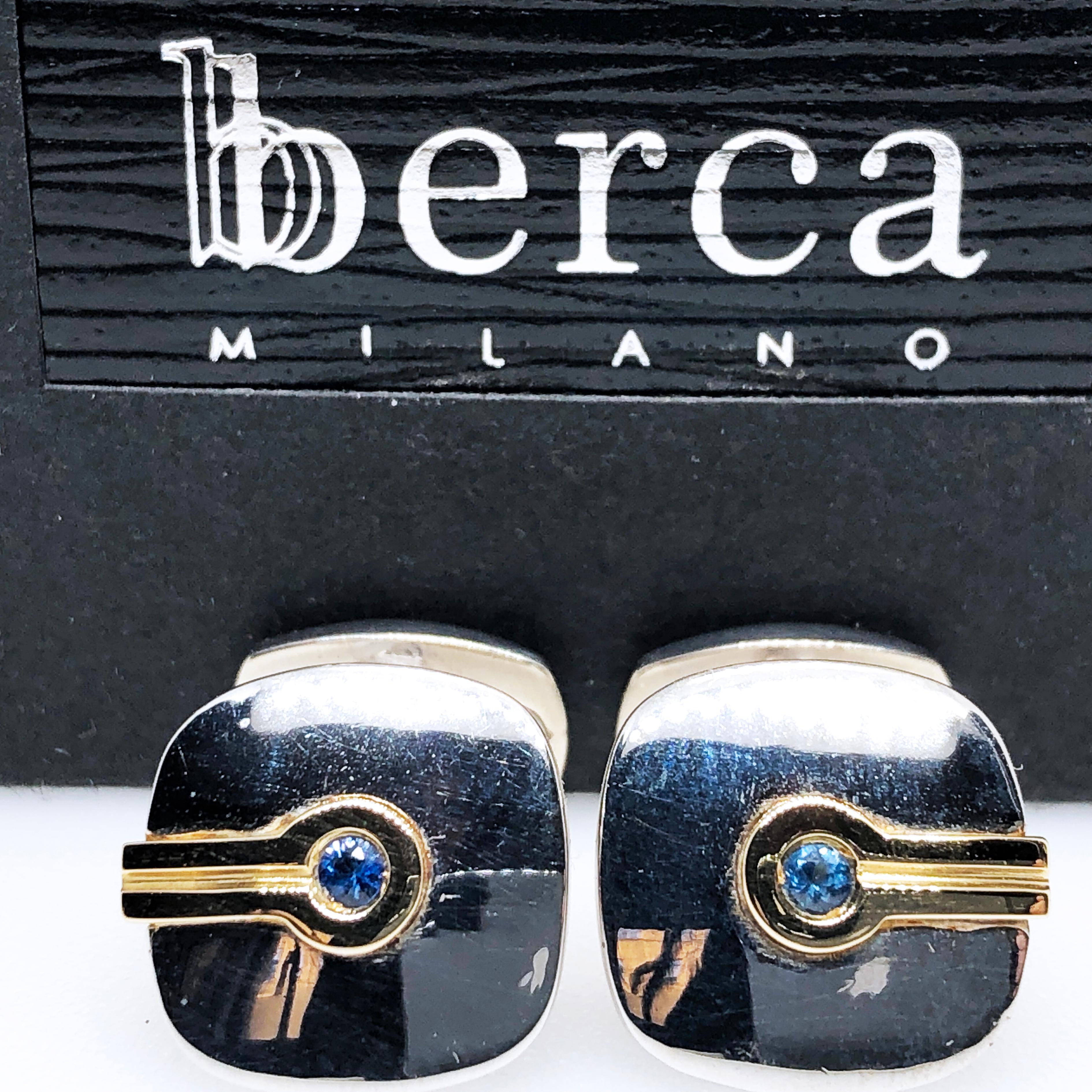 Men's Berca Round Blue Sapphire Yellow White Gold Mirror Finish Cufflinks For Sale