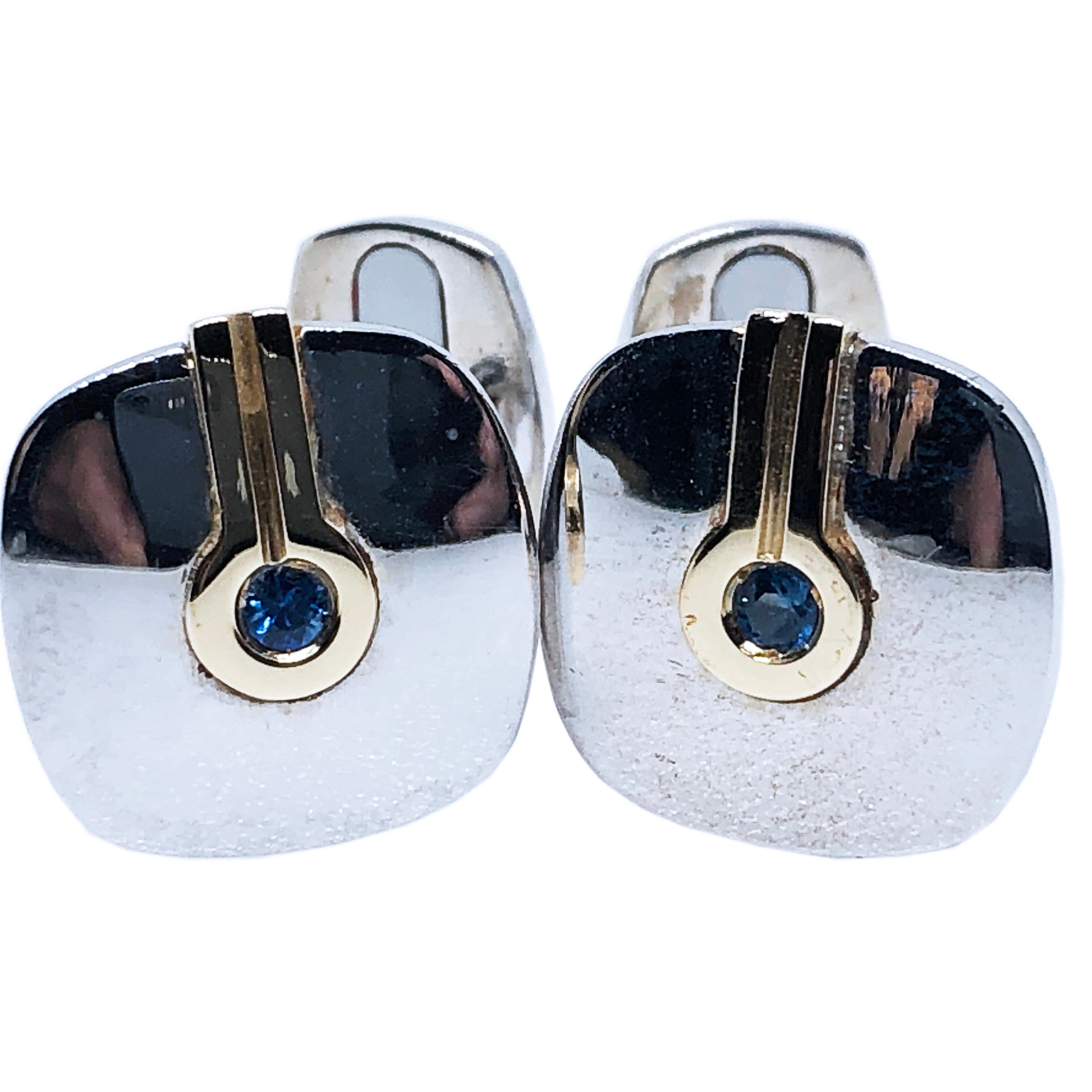 Berca Round Blue Sapphire Yellow White Gold Mirror Finish Cufflinks For Sale 1