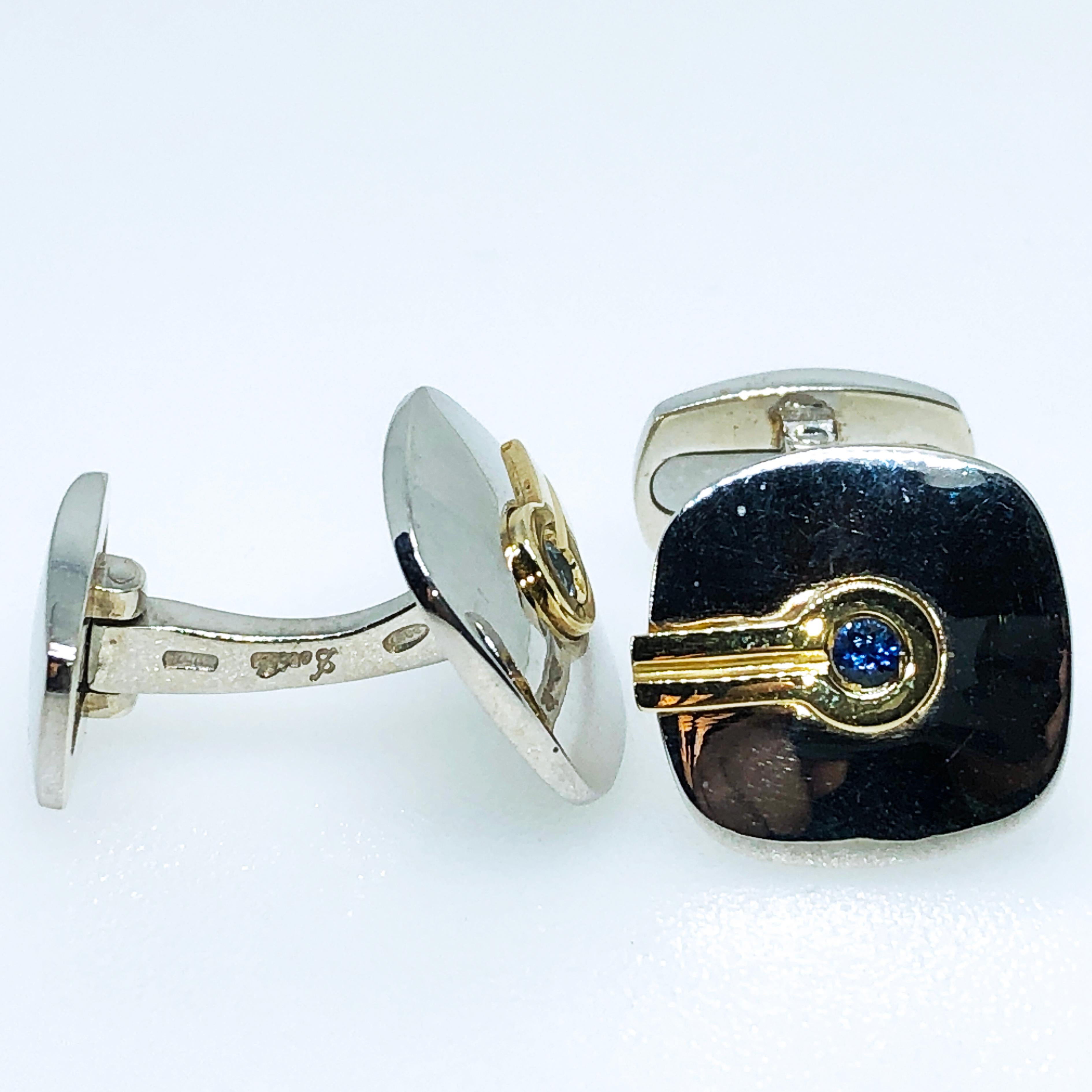 Berca Round Blue Sapphire Yellow White Gold Mirror Finish Cufflinks For Sale 3