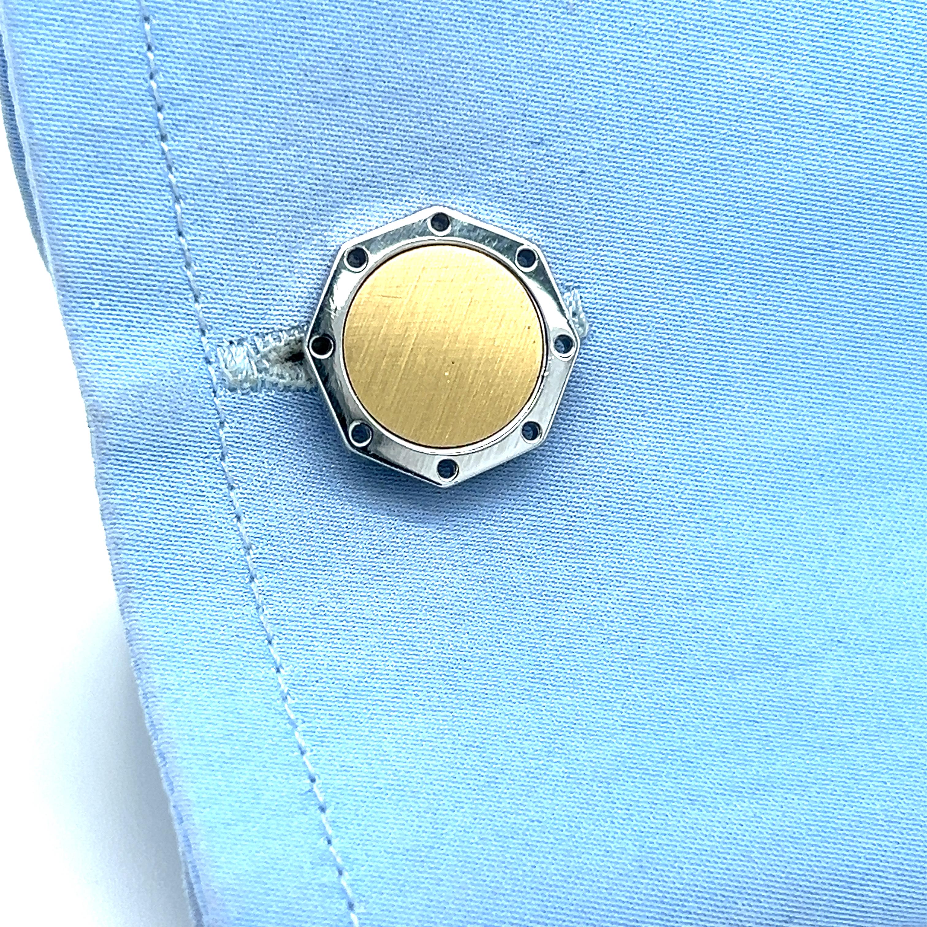 Contemporary Berca Round Brushed Yellow Gold Octagonal Shaped Sterling Silver Cufflinks For Sale