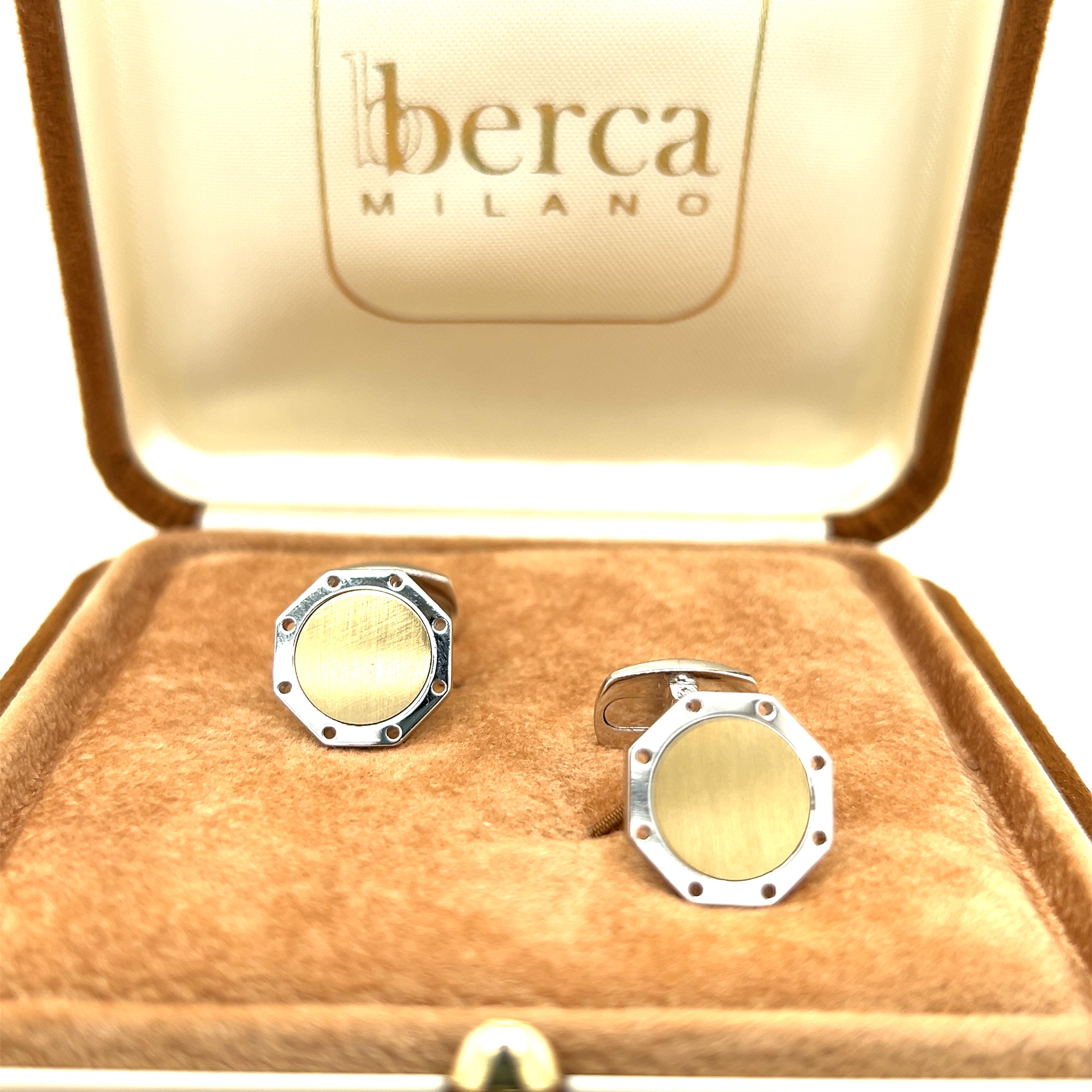Men's Berca Round Brushed Yellow Gold Octagonal Shaped Sterling Silver Cufflinks For Sale
