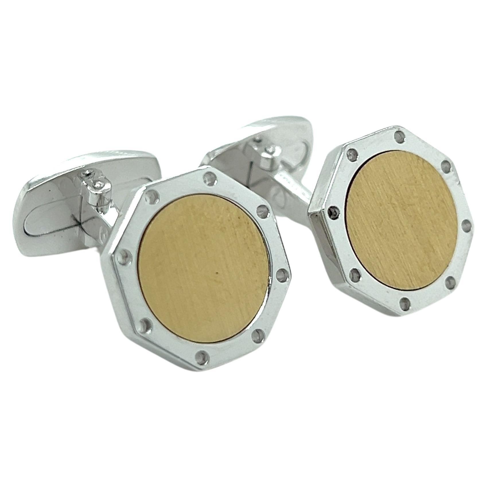 Berca Round Brushed Yellow Gold Octagonal Shaped Sterling Silver Cufflinks For Sale
