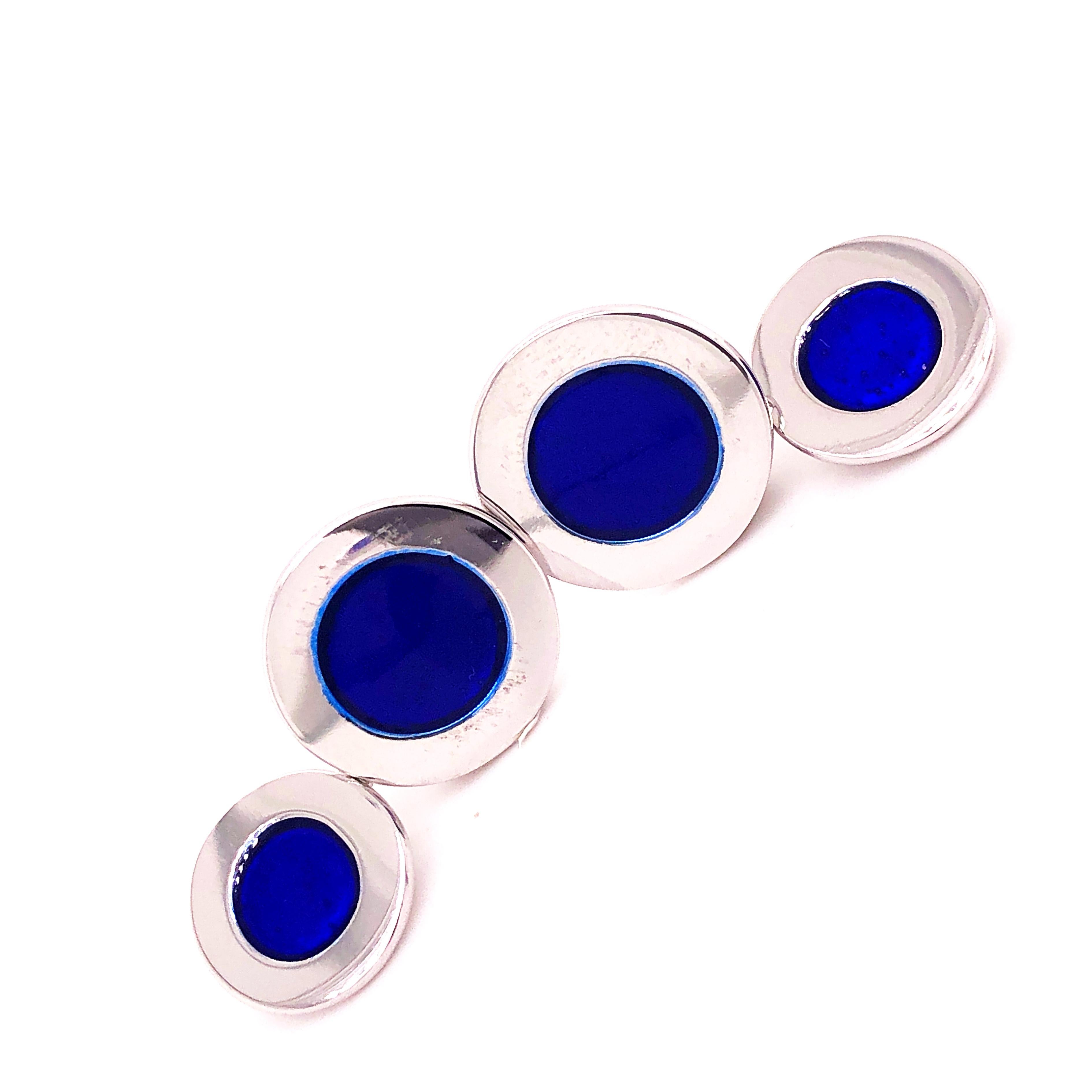 Contemporary Berca Round Navy Blue Hand Enameled Sterling Silver Cufflinks For Sale