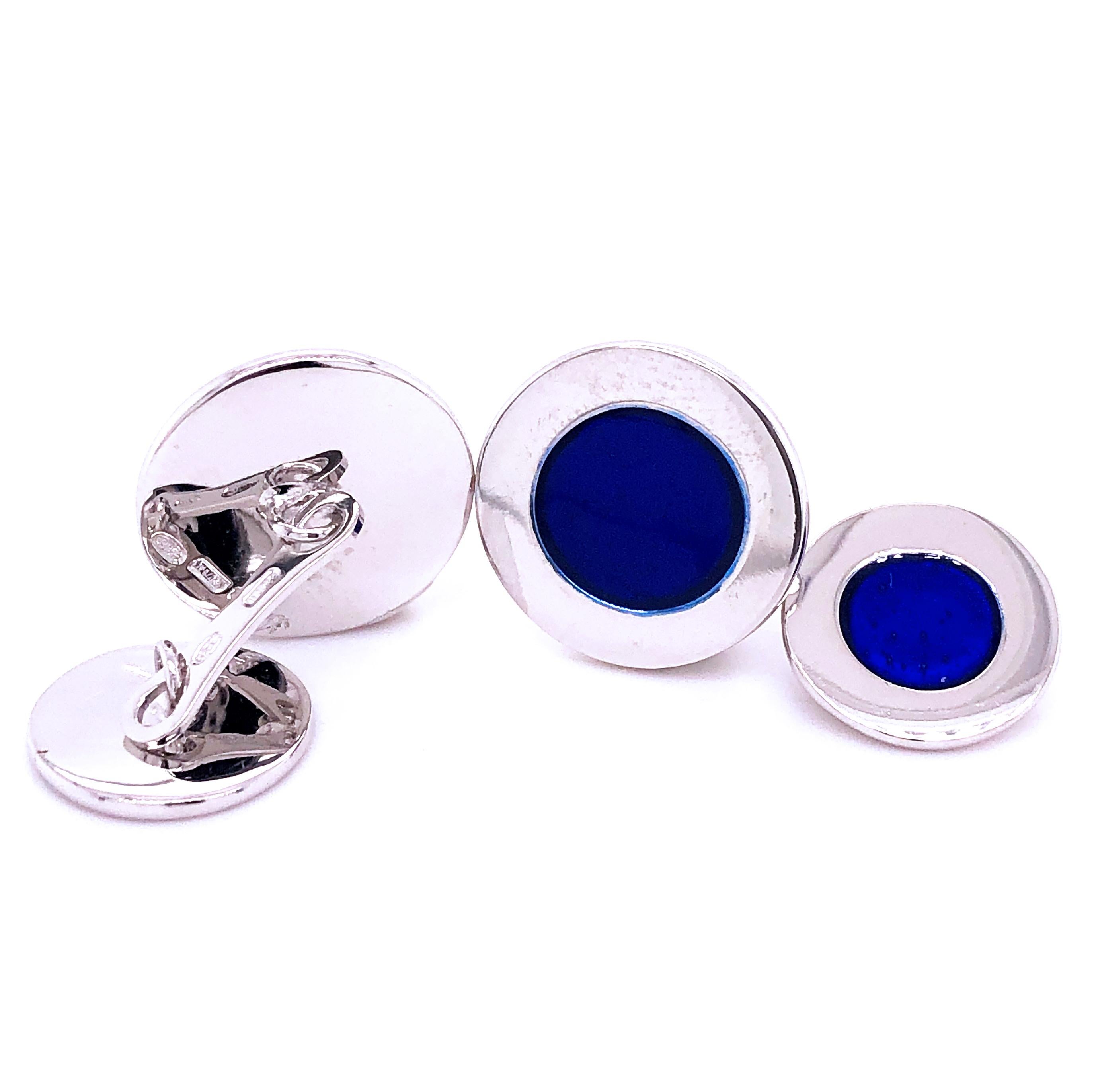 Berca Round Navy Blue Hand Enameled Sterling Silver Cufflinks In New Condition For Sale In Valenza, IT