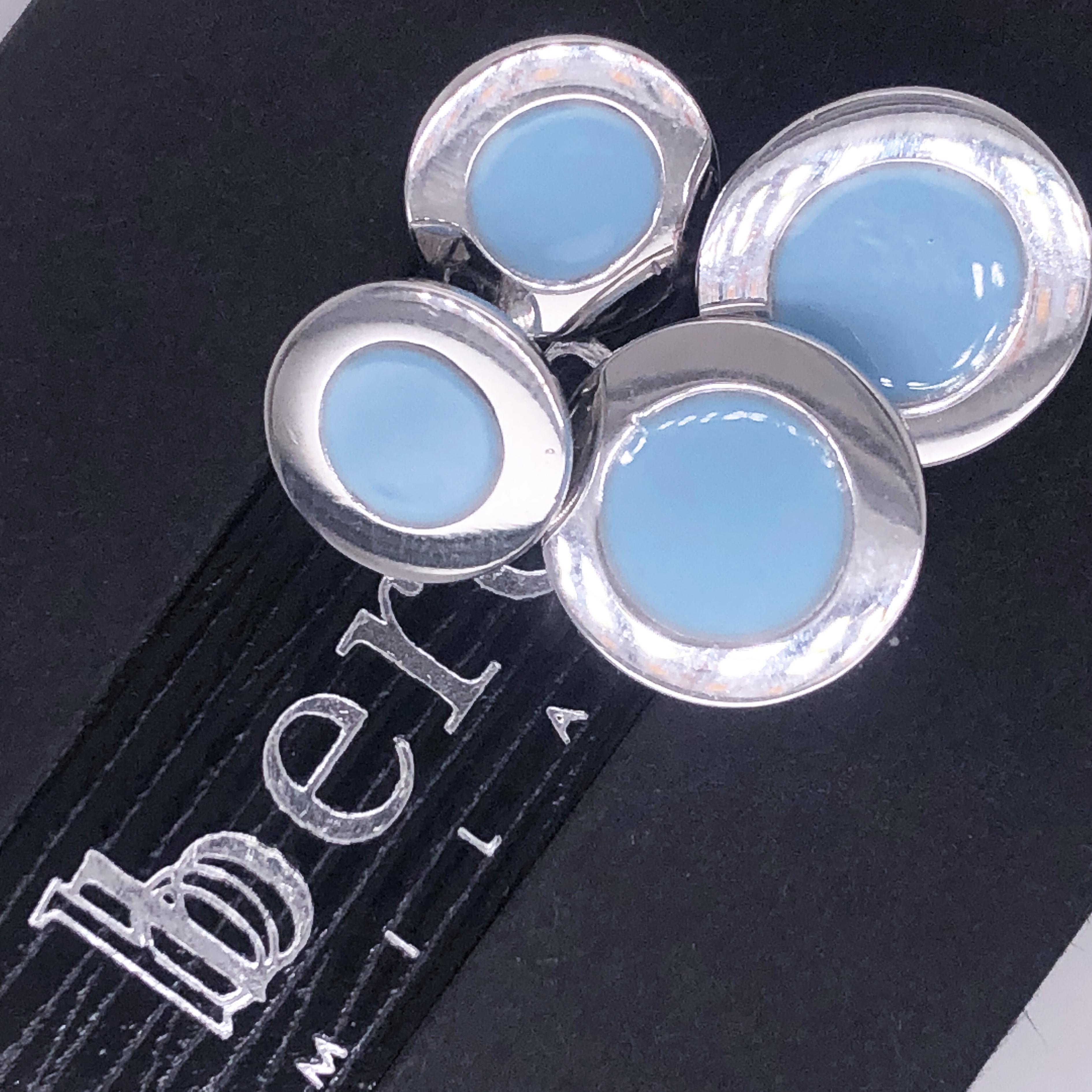 Chic yet Timeless Round, Mirror Finish, Pastel Blue Hand Enamelled Sterling Silver Cufflinks.

In our Smart Black Box and Pouch.

Front Diameter about 0.633 inches.