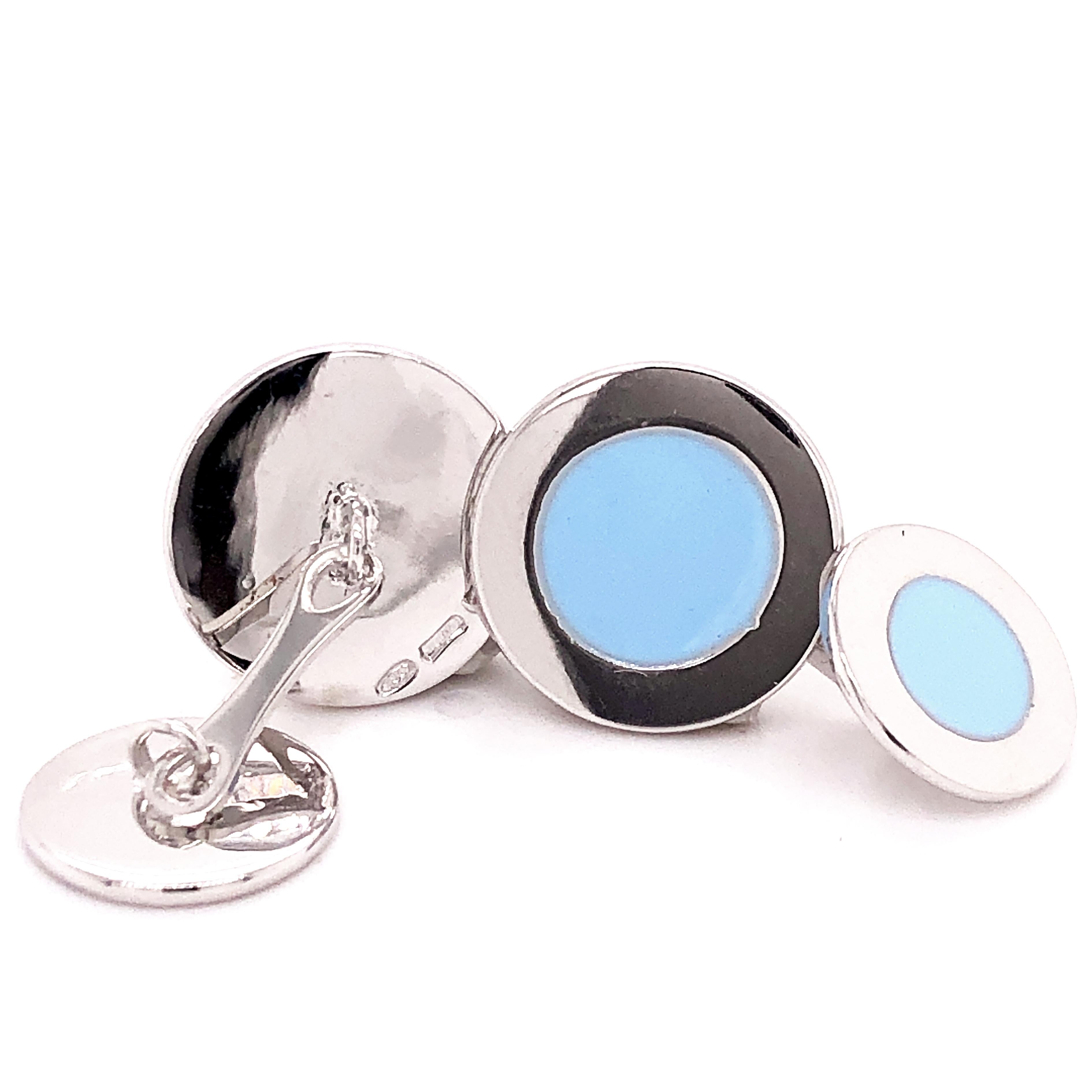 Contemporary Berca Round Pastel Blue Hand Enameled Sterling Silver Cufflinks