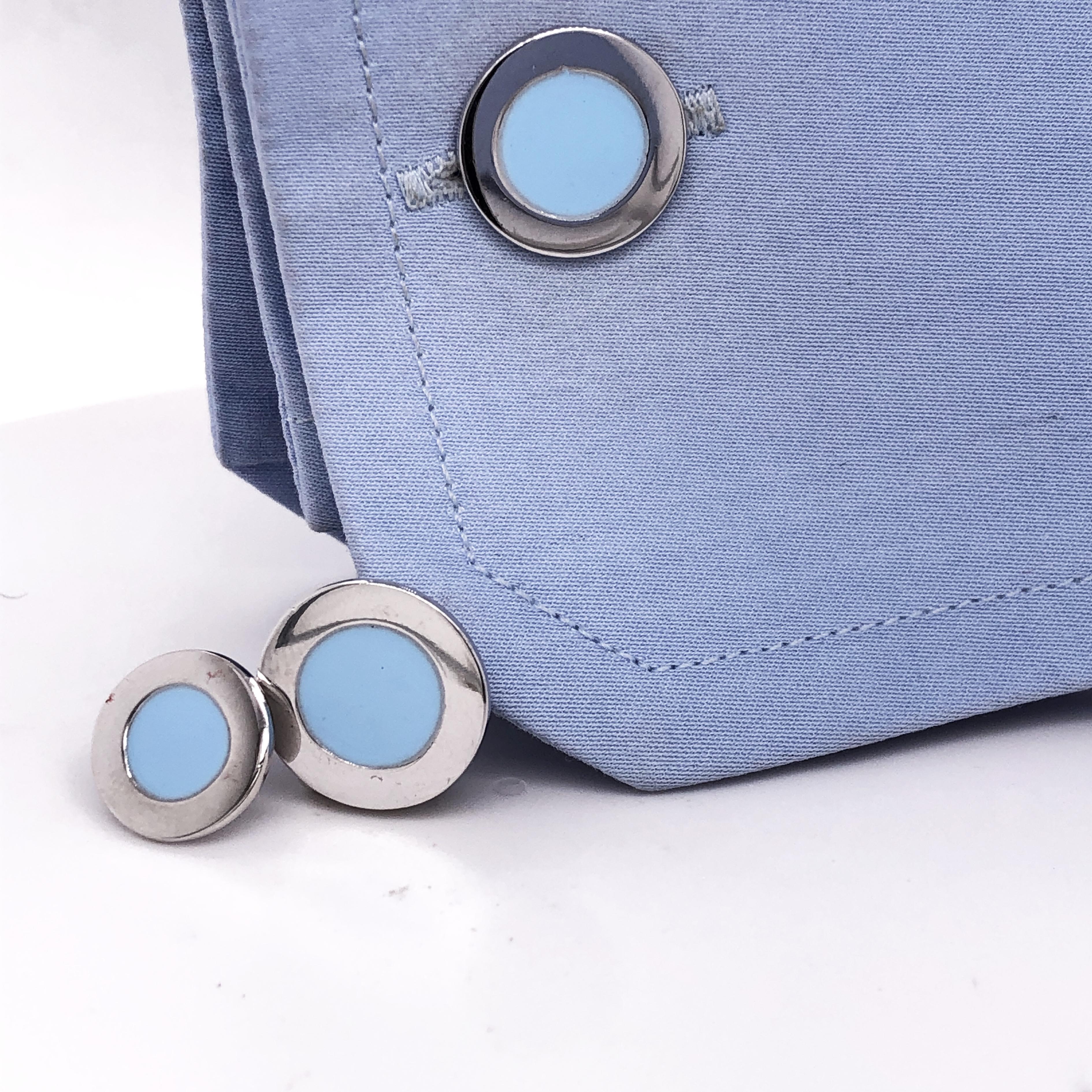 Berca Round Pastel Blue Hand Enameled Sterling Silver Cufflinks In New Condition In Valenza, IT