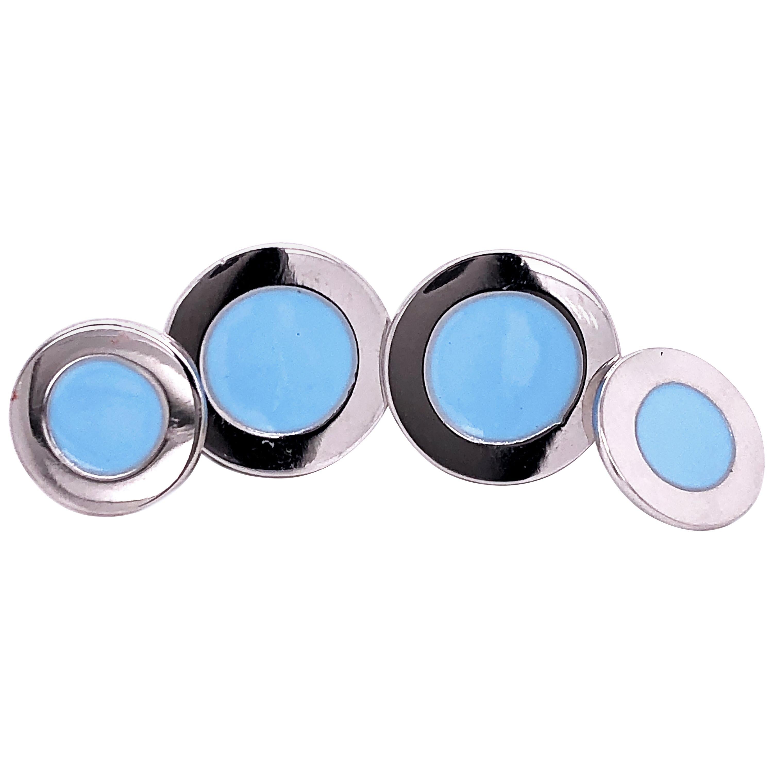 Berca Round Pastel Blue Hand Enameled Sterling Silver Cufflinks