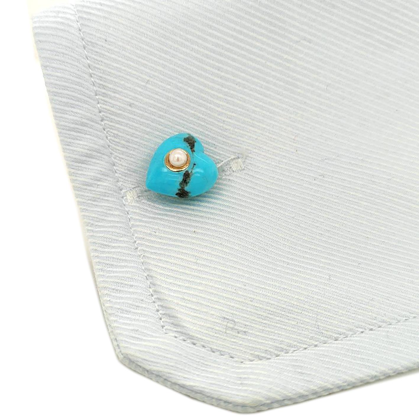Contemporary Berca Round Pearl Natural Arizona Turquoise Heart Shaped 18kt Gold Cufflinks For Sale