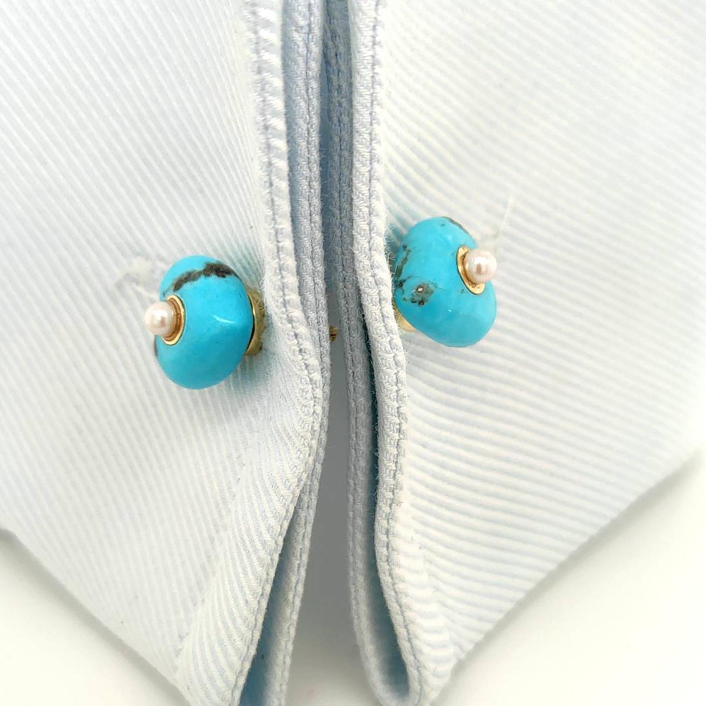 Heart Cut Berca Round Pearl Natural Arizona Turquoise Heart Shaped 18kt Gold Cufflinks For Sale