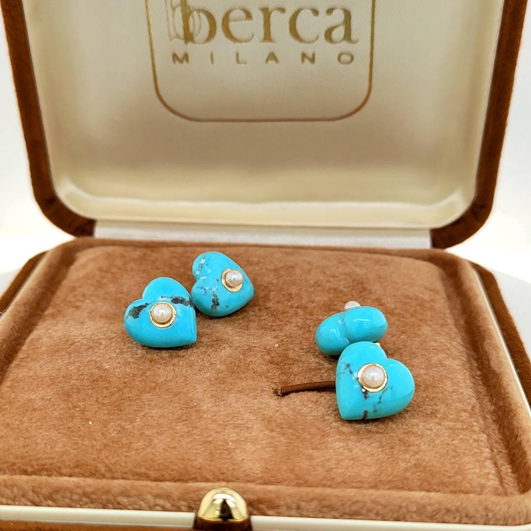 Berca Round Pearl Natural Arizona Turquoise Heart Shaped 18kt Gold Cufflinks In New Condition For Sale In Valenza, IT
