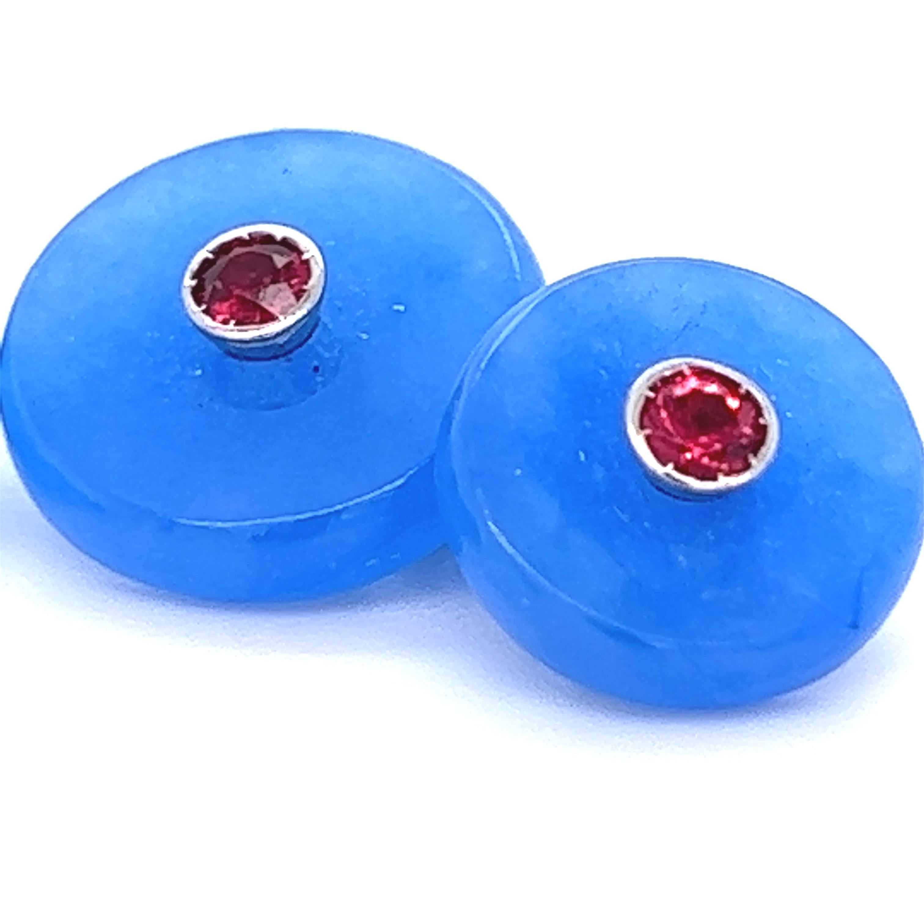 Contemporary Berca Round Ruby in a 25.50Kt Hand Inlaid Blue Jade White Gold Setting Cufflinks For Sale