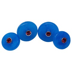 Berca Round Ruby in a 25.50Kt Hand Inlaid Blue Jade White Gold Setting Cufflinks
