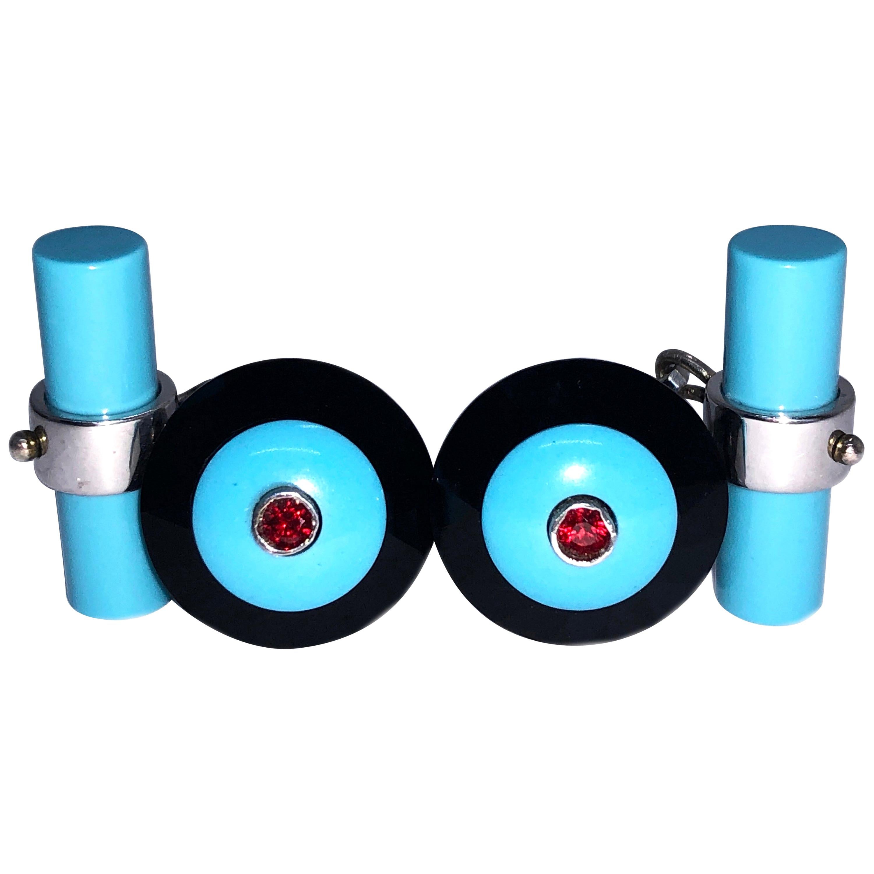 Berca Round Ruby Natural Turquoise Onyx White Gold Faceted Disk Shaped Cufflinks