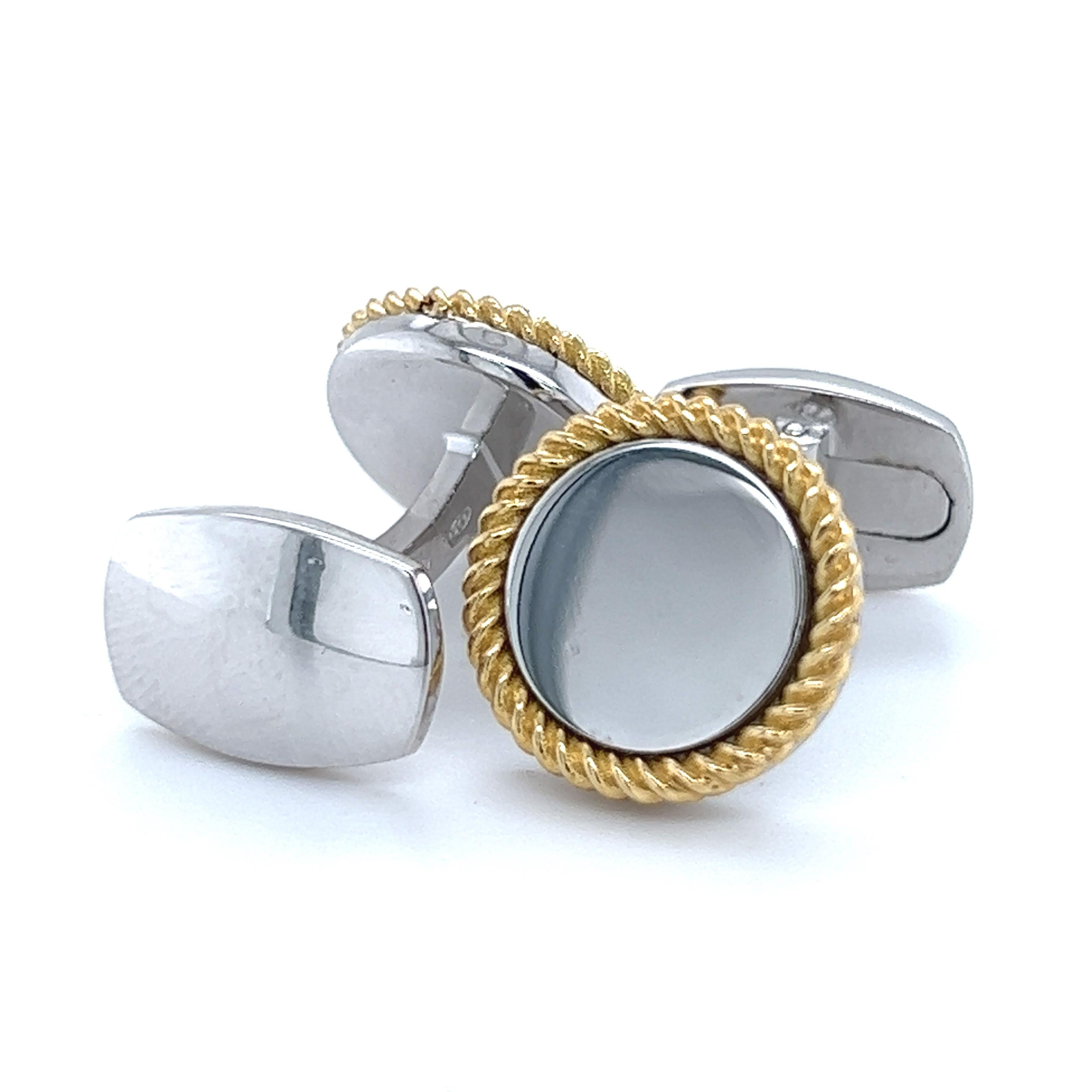 Berca Round Shaped Sterling Silver 18k Yellow Gold Contour Cufflinks In New Condition For Sale In Valenza, IT