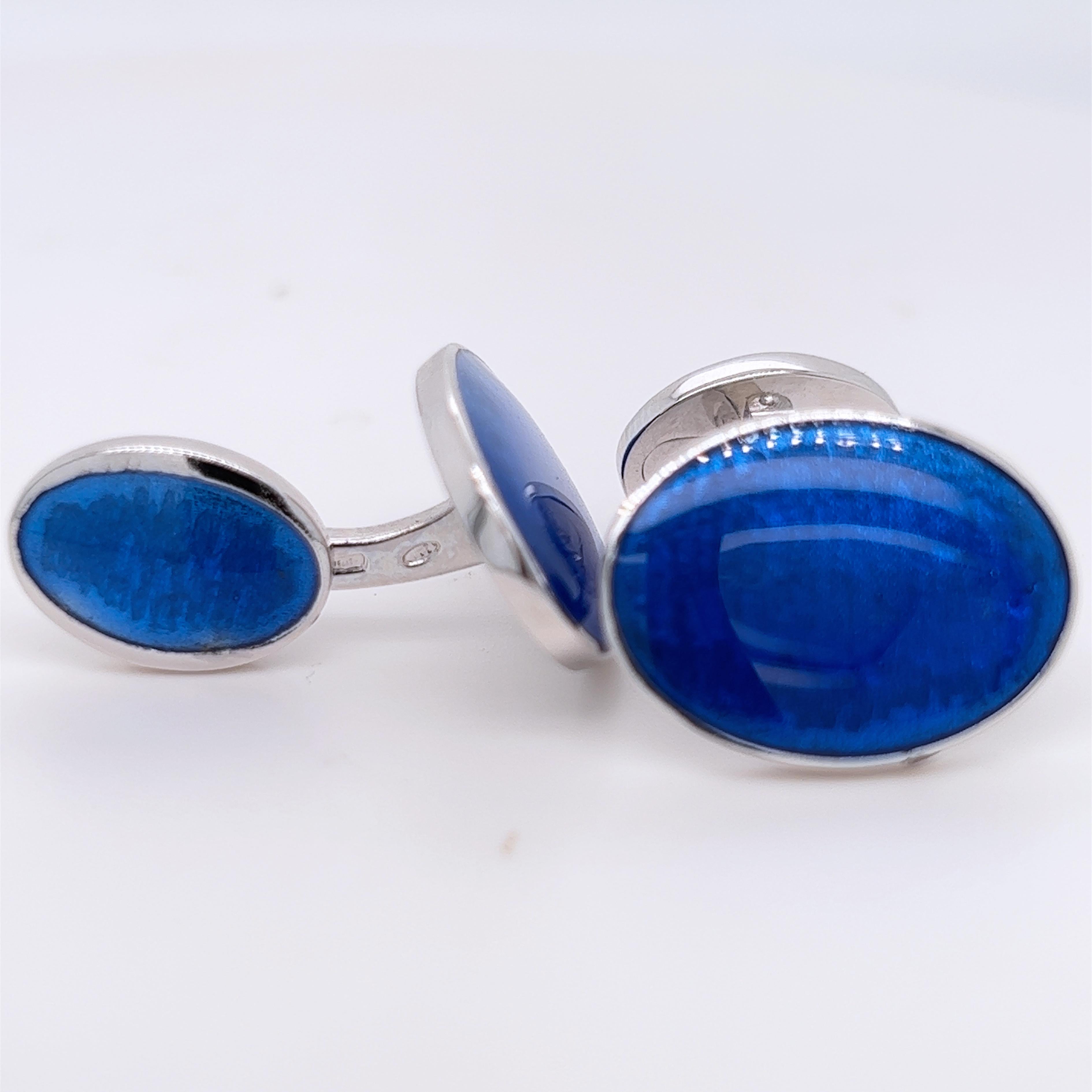 Berca Royal Blue Guilloché Hand Enameled Oval Sterling Silver Cufflinks 6