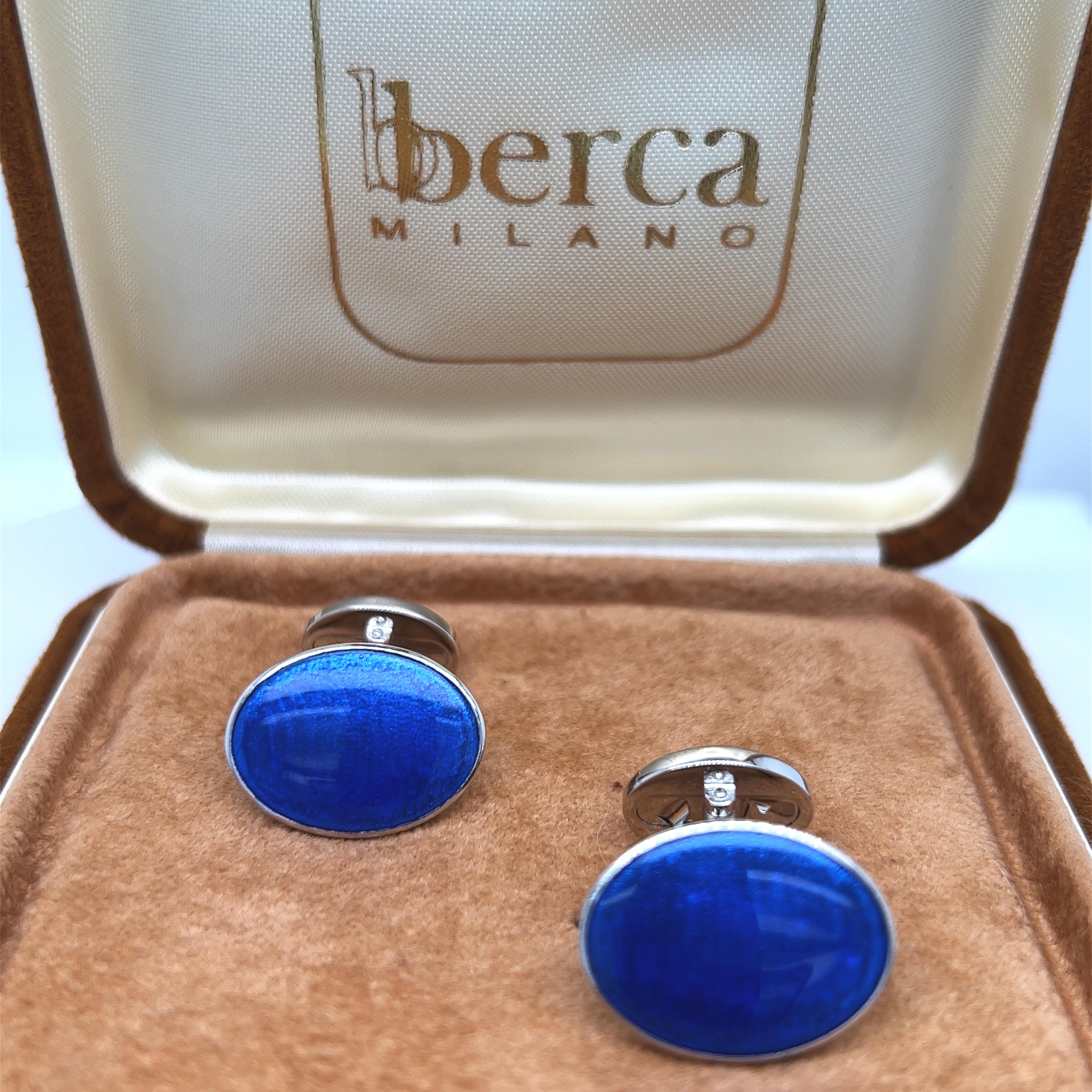 Unique, absolutely Chic yet Timeless Royal Blue Guilloché Hand Enamelled Oval Cabochon Shaped Sterling Silver Setting Cufflinks.
In our fitted smart Suede Leather Case and Pouch.