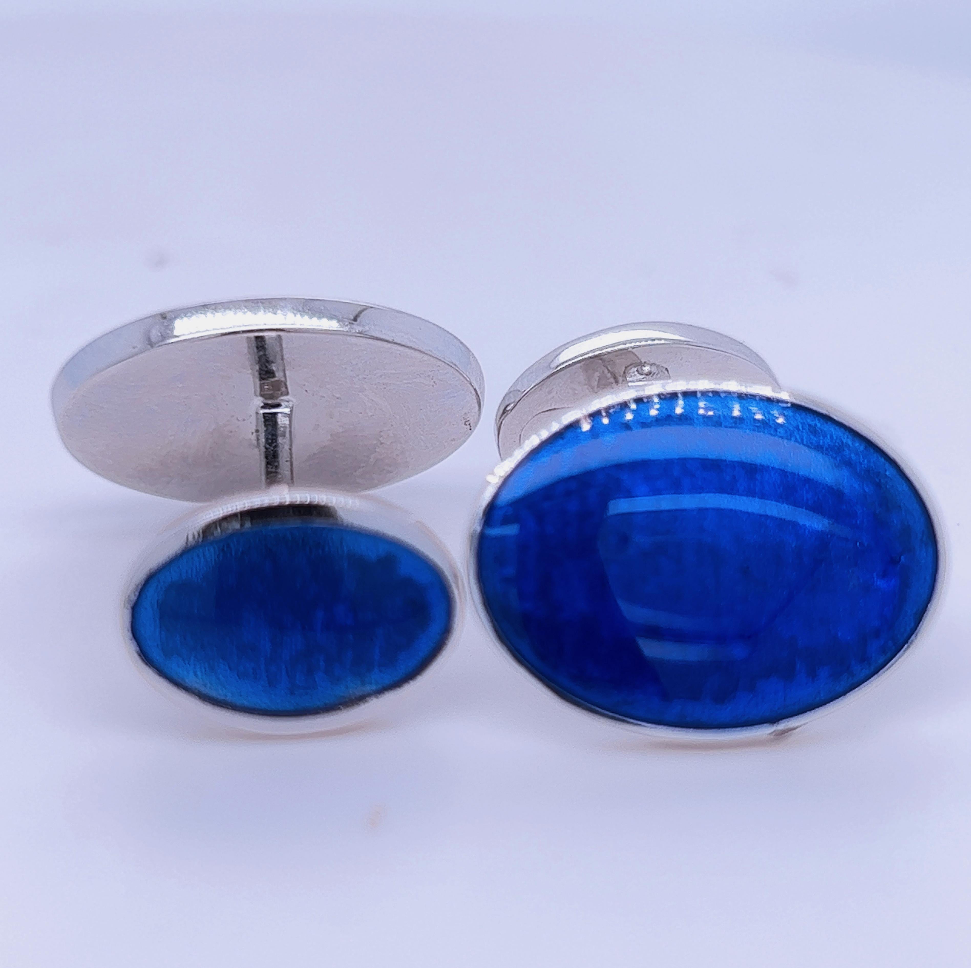 Contemporary Berca Royal Blue Guilloché Hand Enameled Oval Sterling Silver Cufflinks
