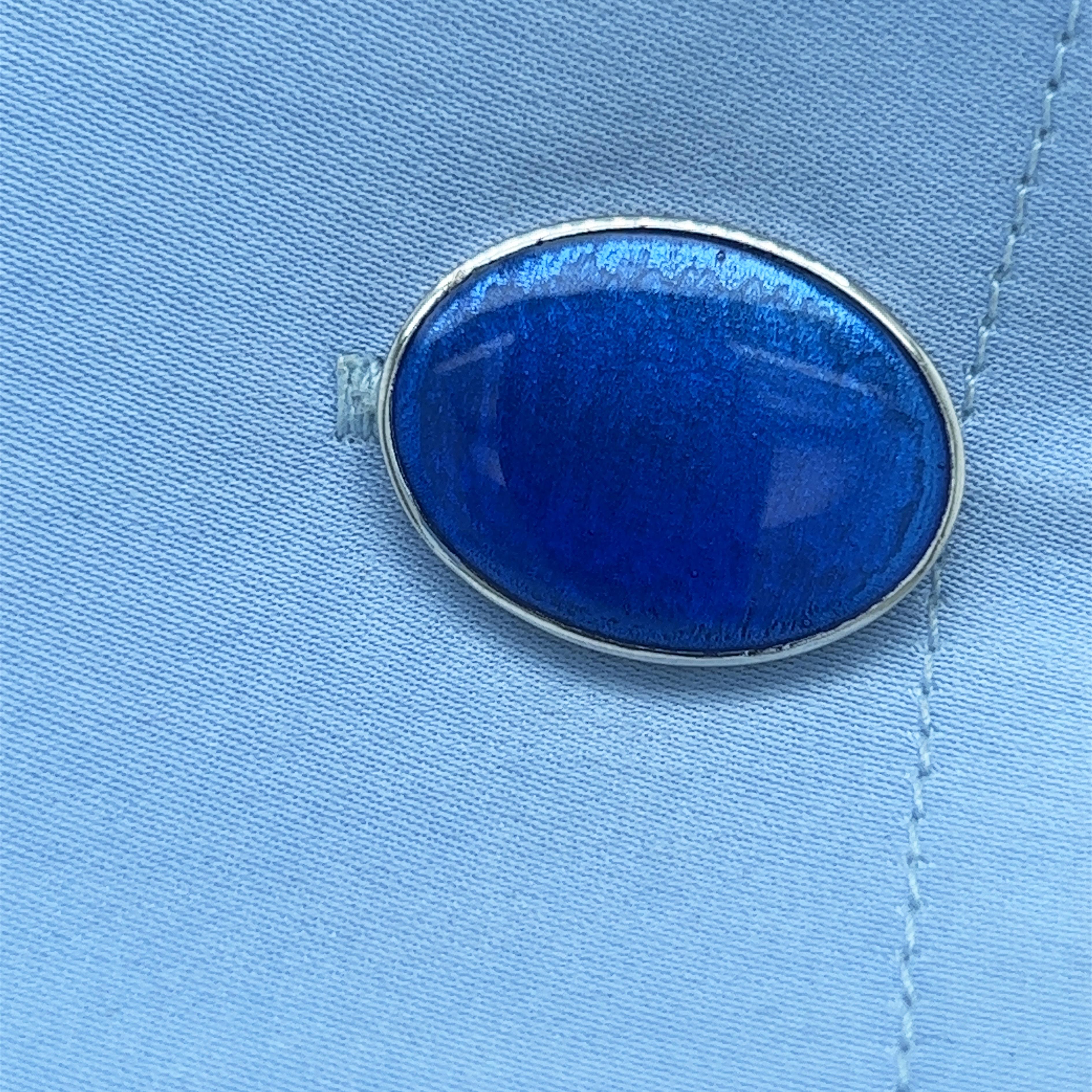 Berca Royal Blue Guilloché Hand Enameled Oval Sterling Silver Cufflinks In New Condition In Valenza, IT