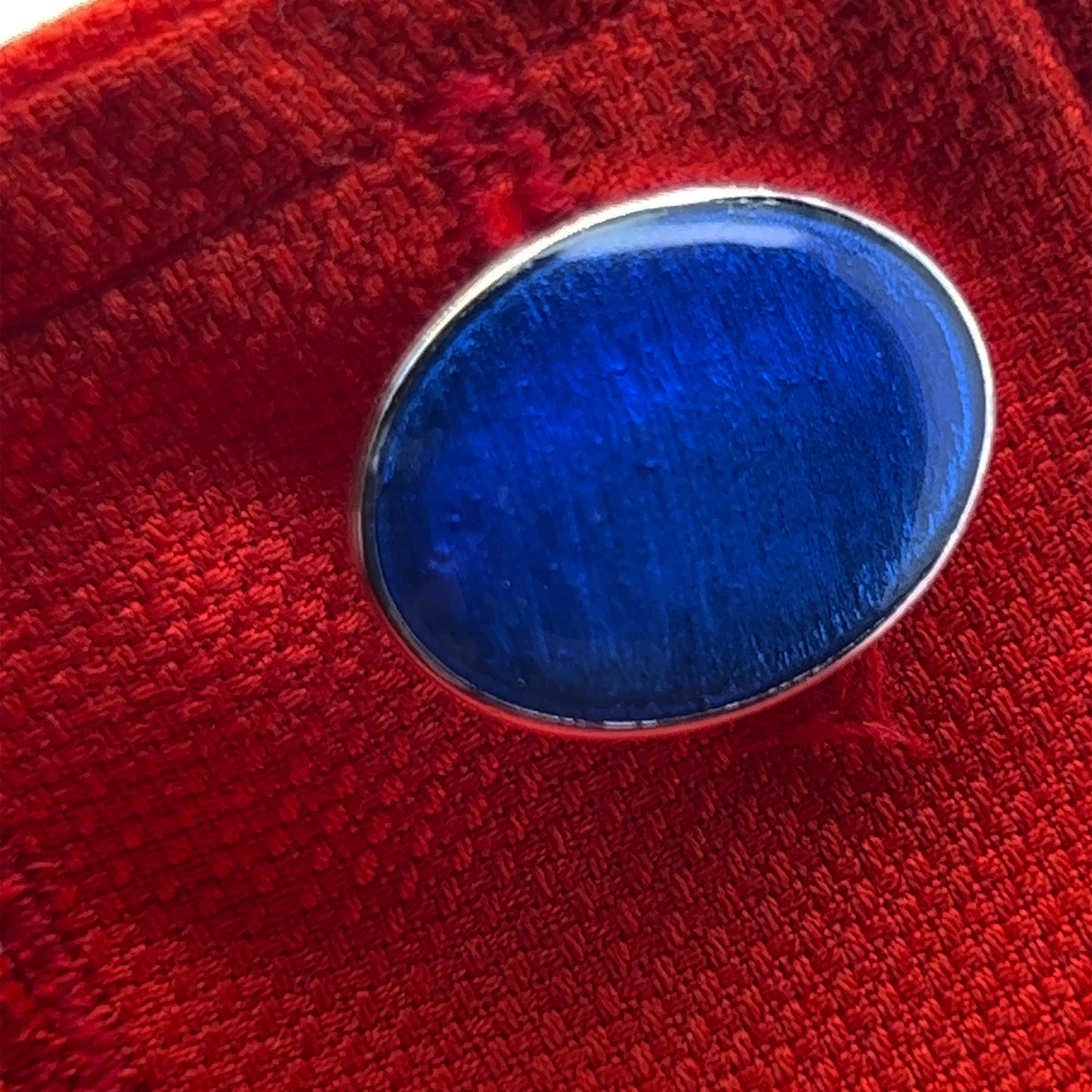 Women's or Men's Berca Royal Blue Guilloché Hand Enameled Oval Sterling Silver Cufflinks