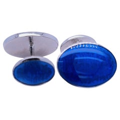 Berca Royal Blue Guilloché Hand Enameled Oval Sterling Silver Cufflinks