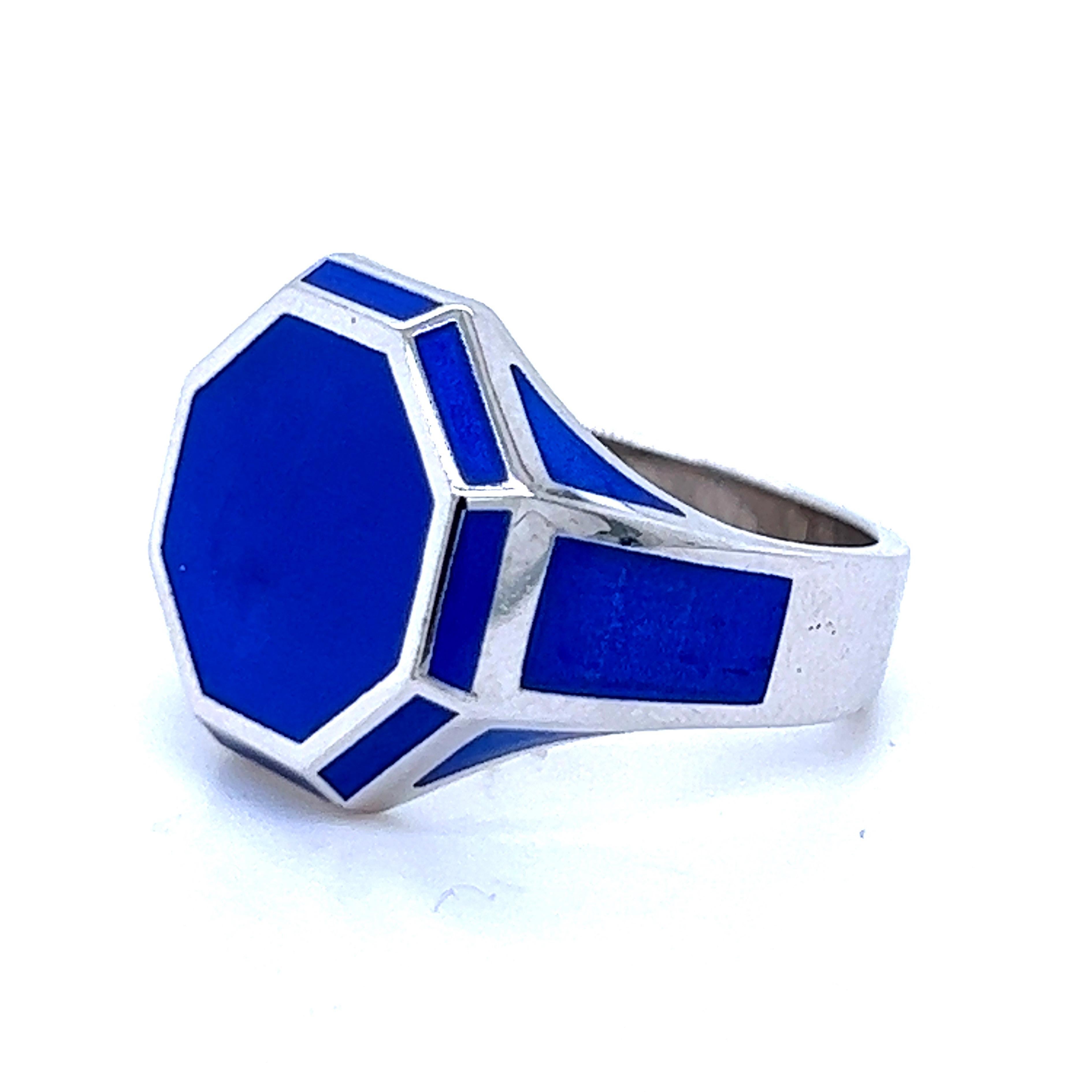 Contemporary Berca Royal Blue Hand Enameled Hexagonal Sterling Silver Ring For Sale