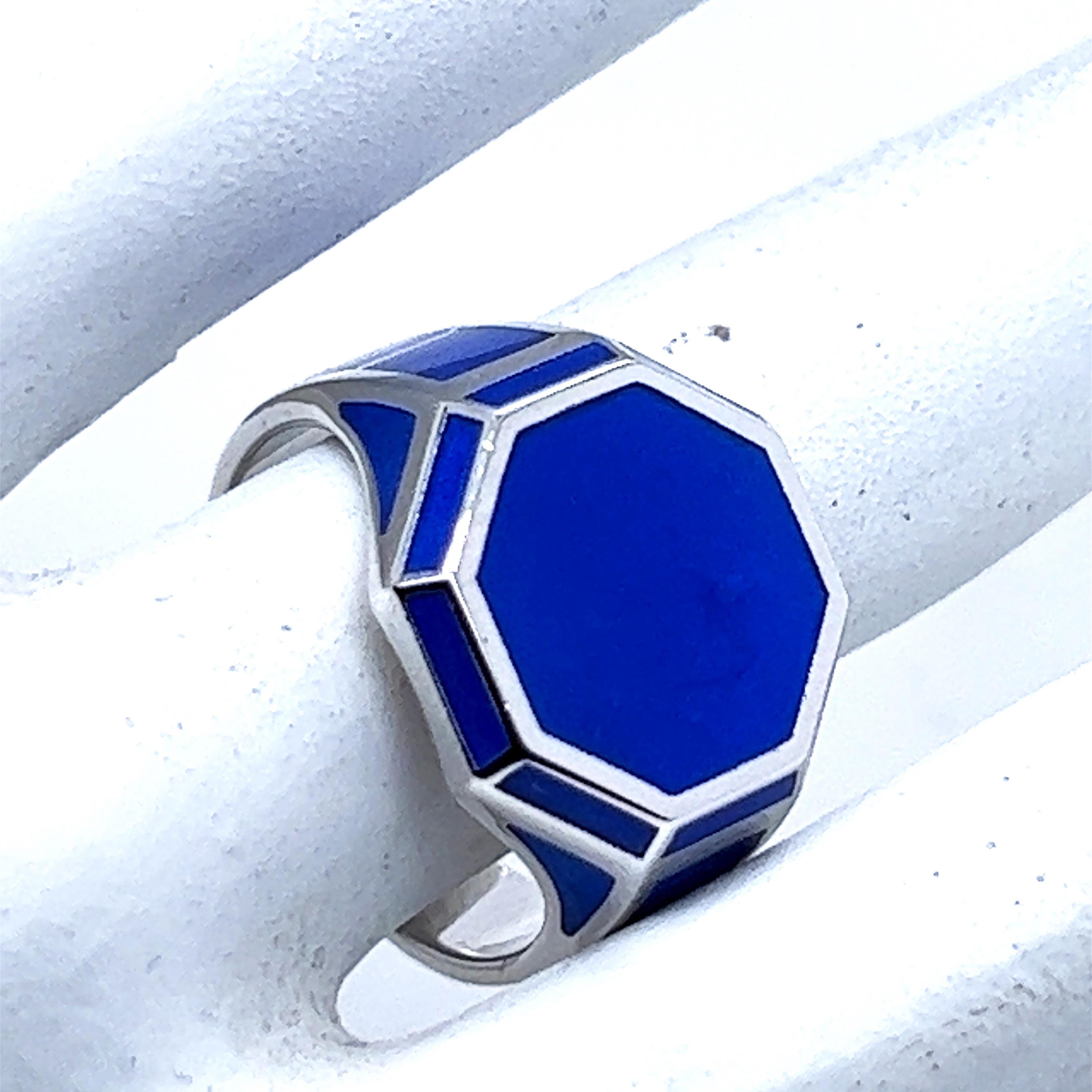 Berca Royal Blue Hand Enameled Hexagonal Sterling Silver Ring In New Condition For Sale In Valenza, IT