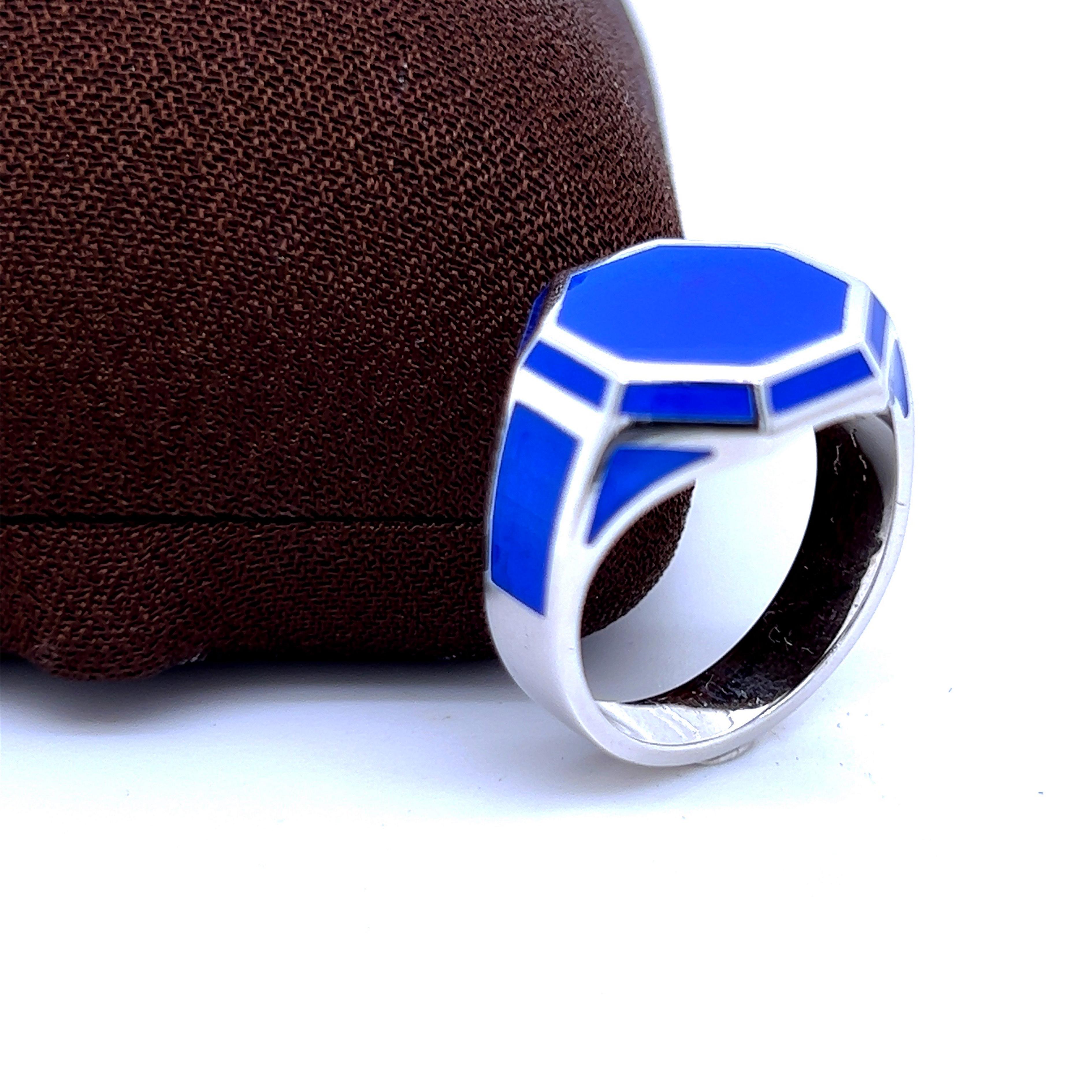 Women's or Men's Berca Royal Blue Hand Enameled Hexagonal Sterling Silver Ring For Sale