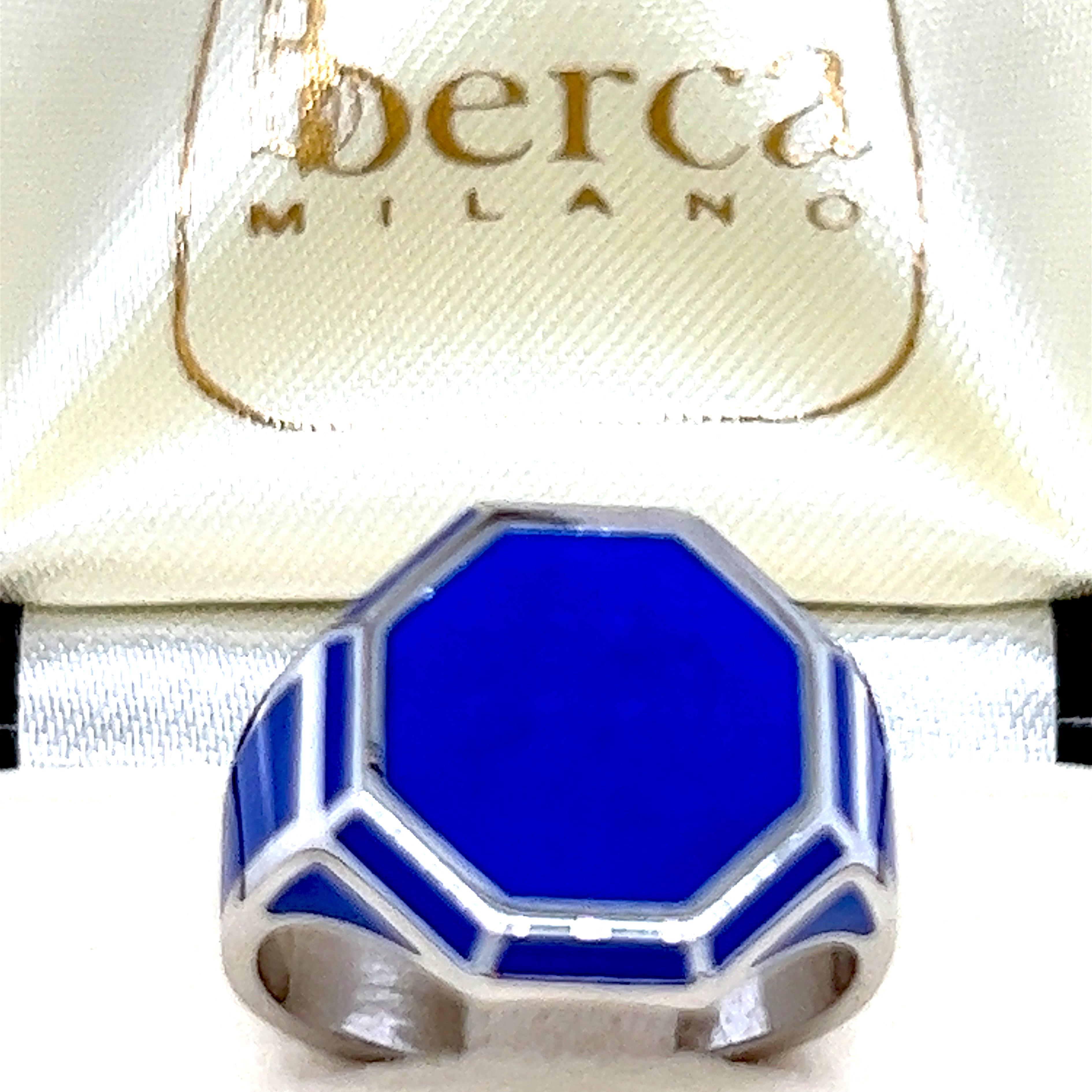 Berca Royal Blue Hand Enameled Hexagonal Sterling Silver Ring For Sale 1