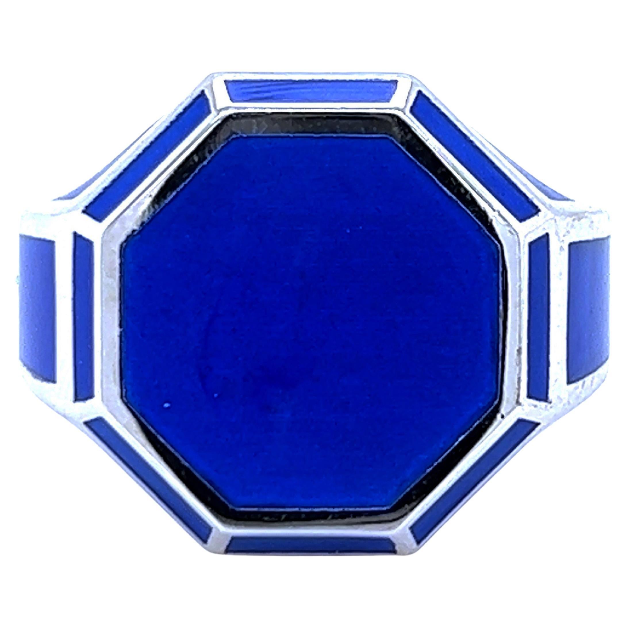 Berca Royal Blue Hand Enameled Hexagonal Sterling Silver Ring For Sale
