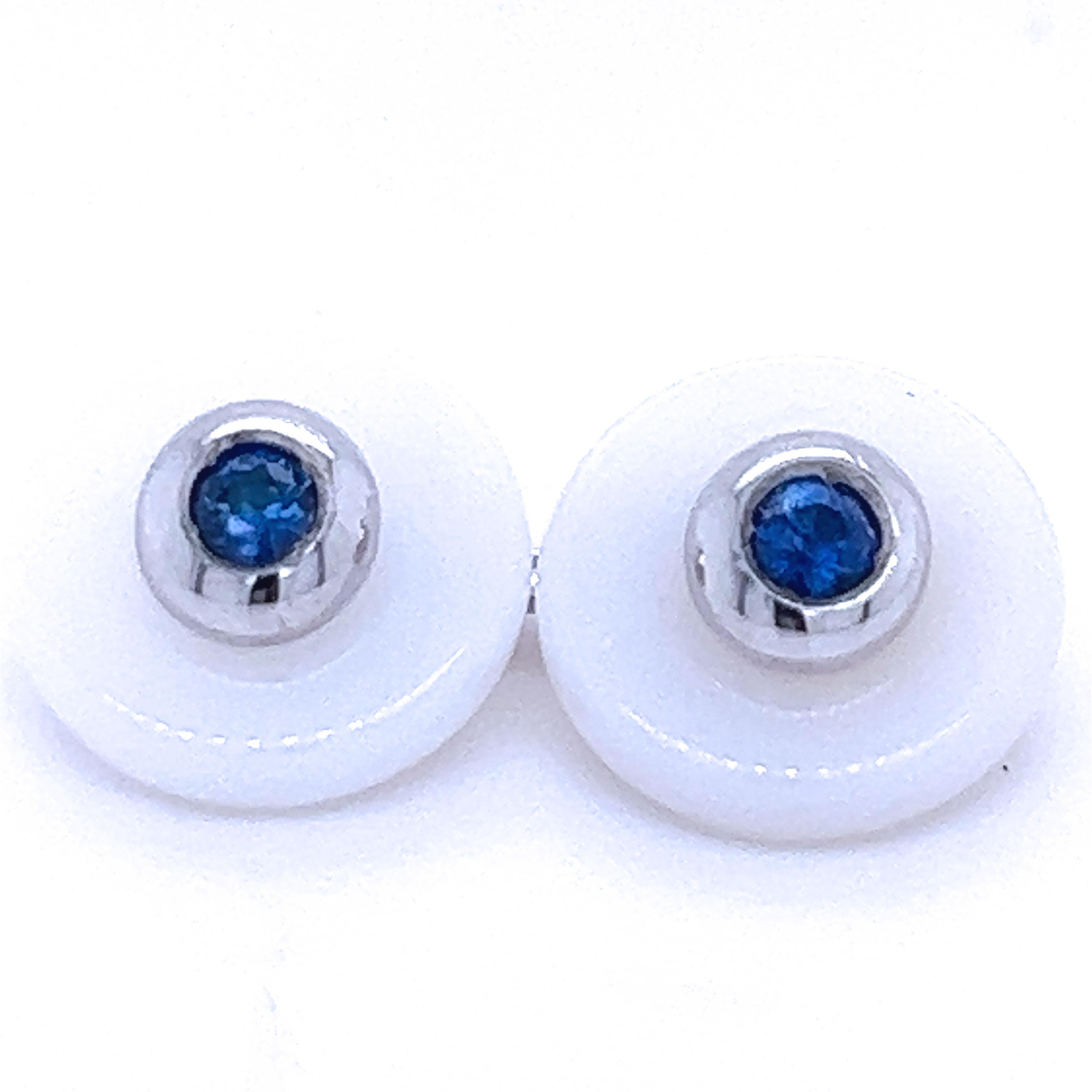 Contemporary Berca Royal Blue Sapphire White Chalcedony Disk Setting White Gold Cufflinks For Sale