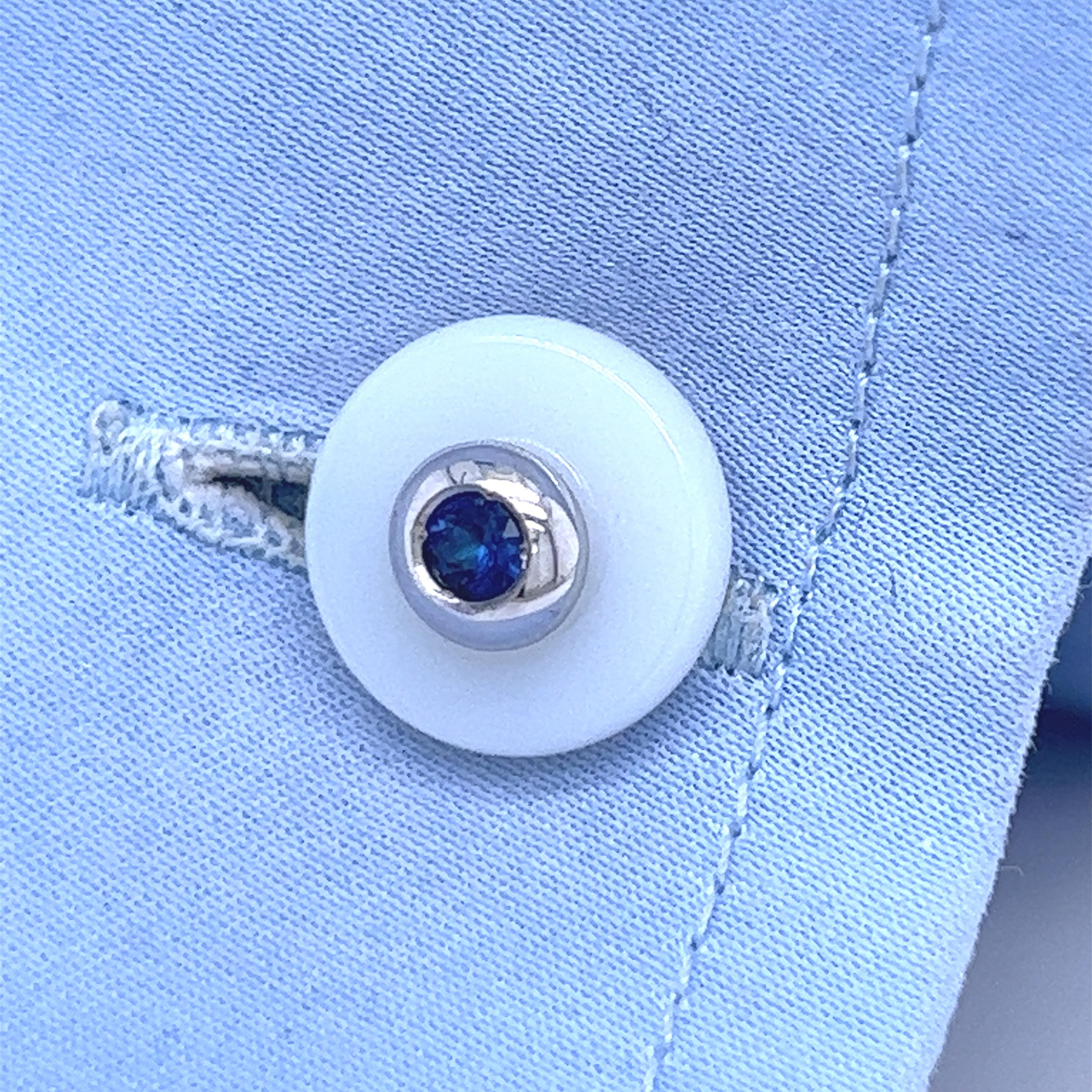 Round Cut Berca Royal Blue Sapphire White Chalcedony Disk Setting White Gold Cufflinks For Sale