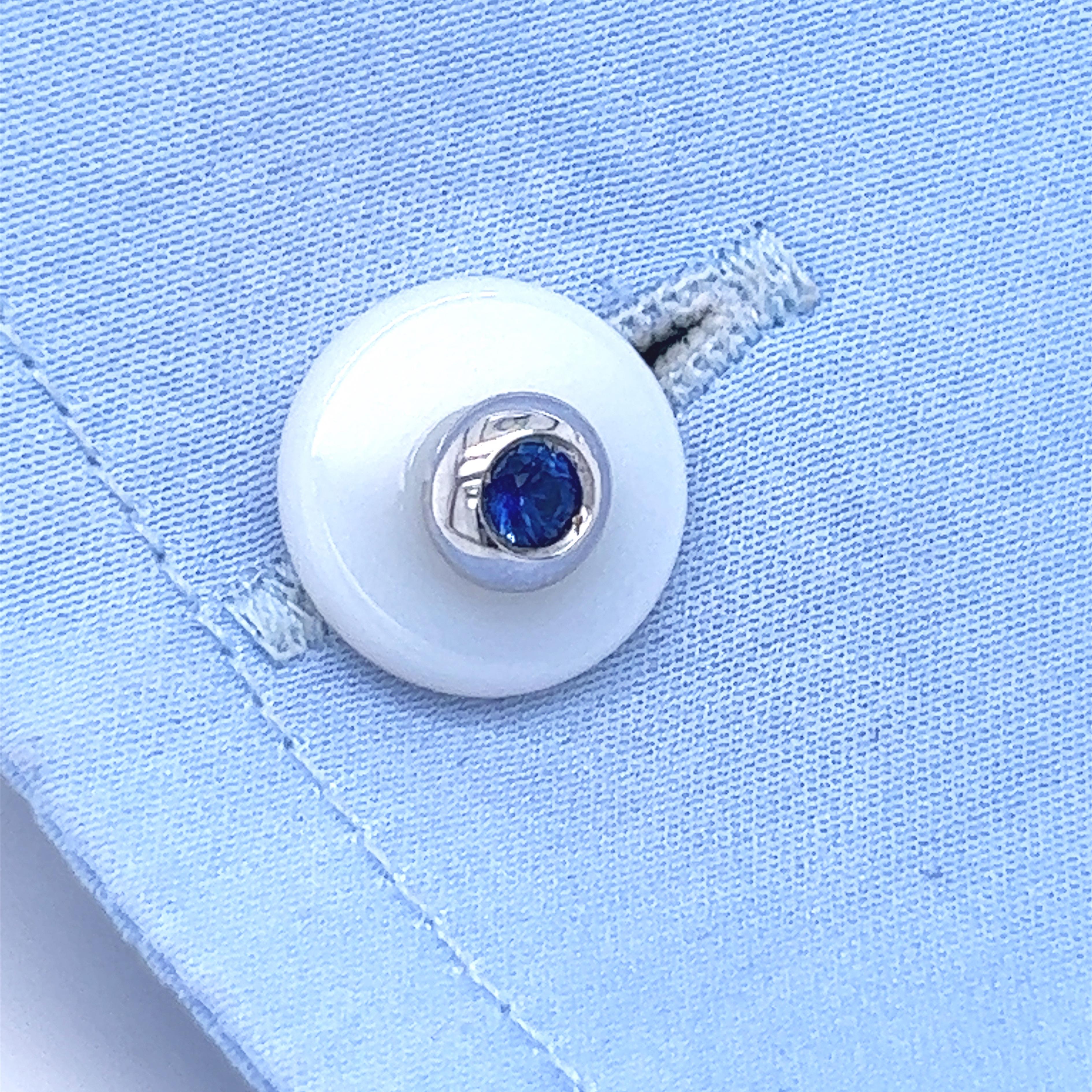 Berca Royal Blue Sapphire White Chalcedony Disk Setting White Gold Cufflinks For Sale 1