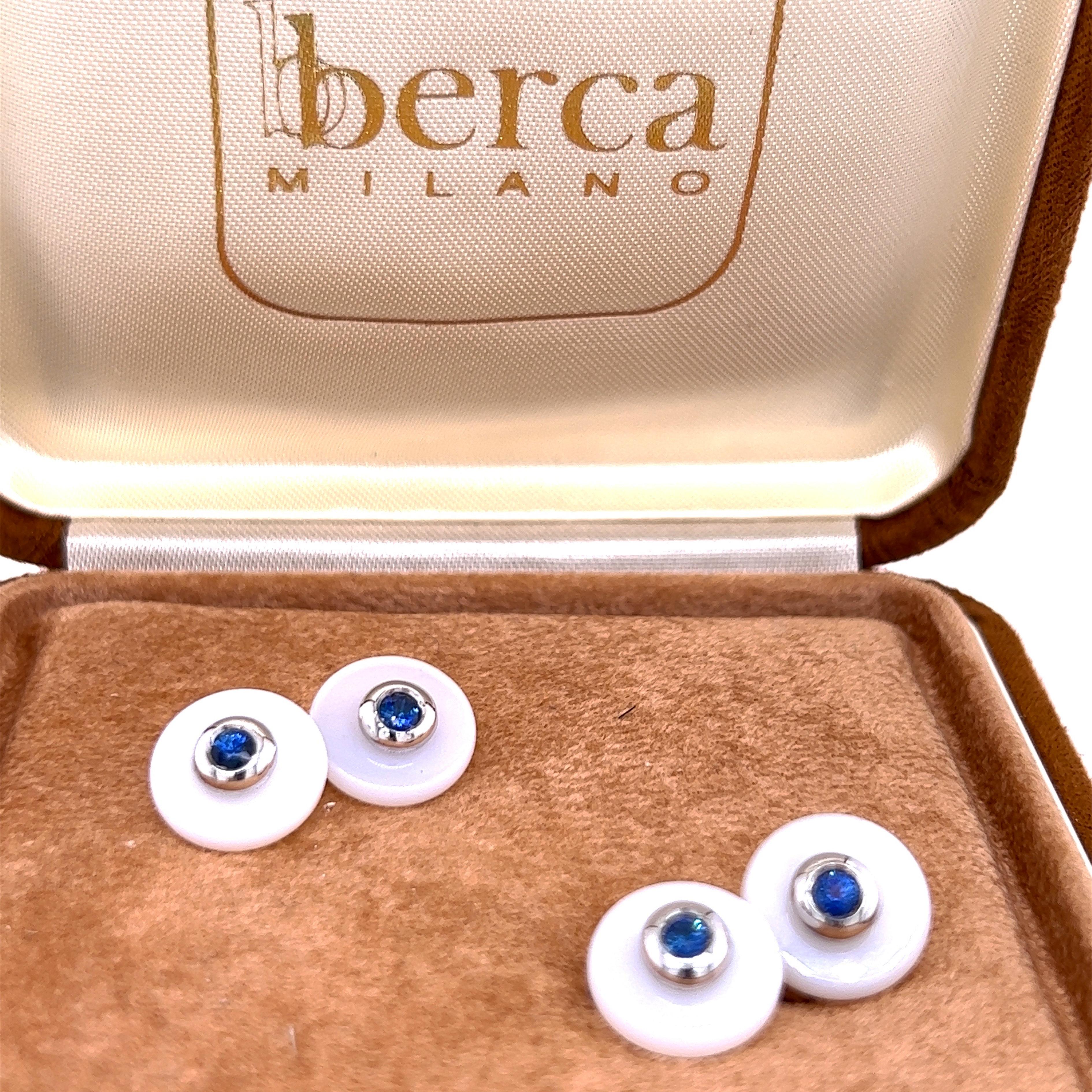 Berca Royal Blue Sapphire White Chalcedony Disk Setting White Gold Cufflinks For Sale 2