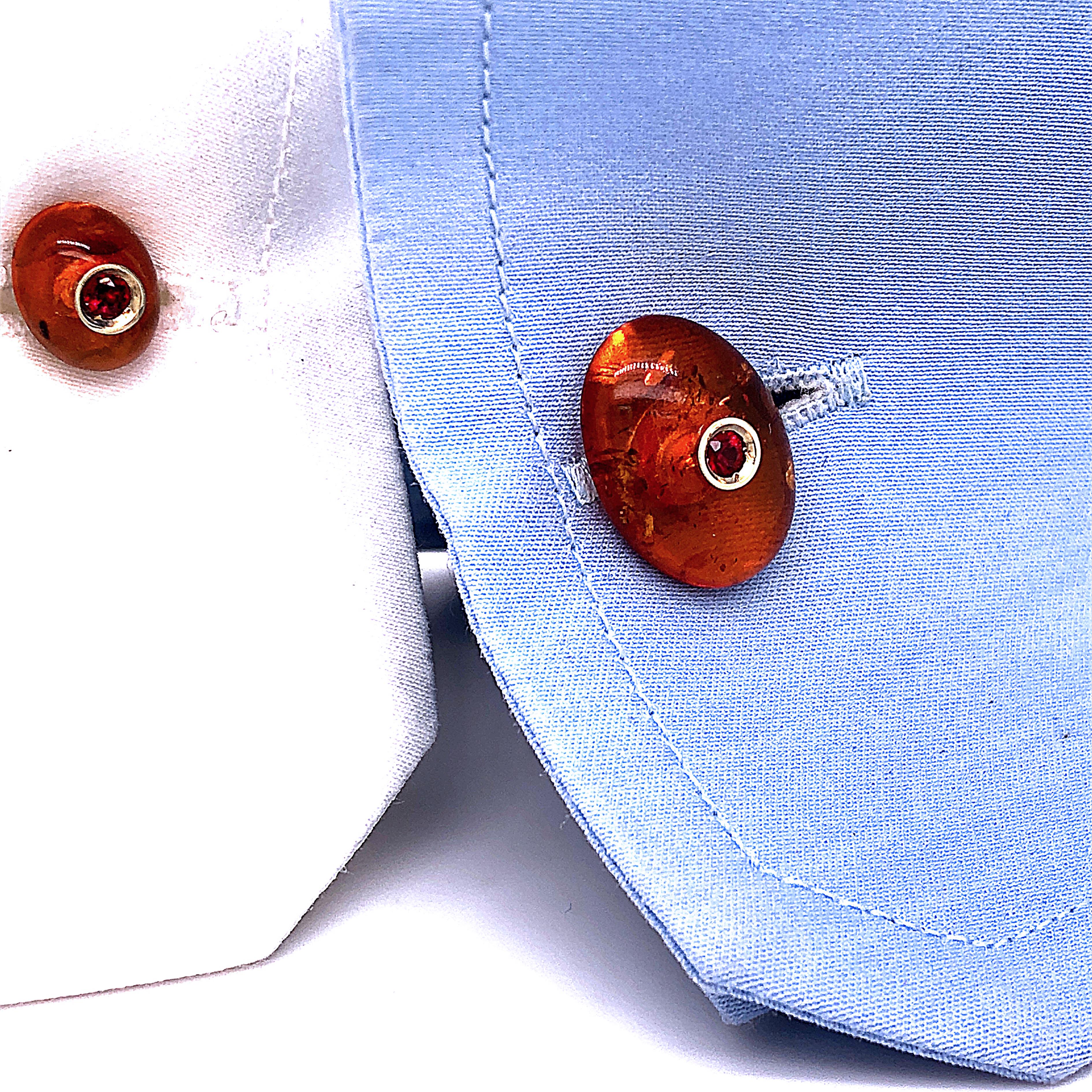 Women's or Men's Berca Ruby Hand Inlaid Amber Yellow Gold Cufflinks