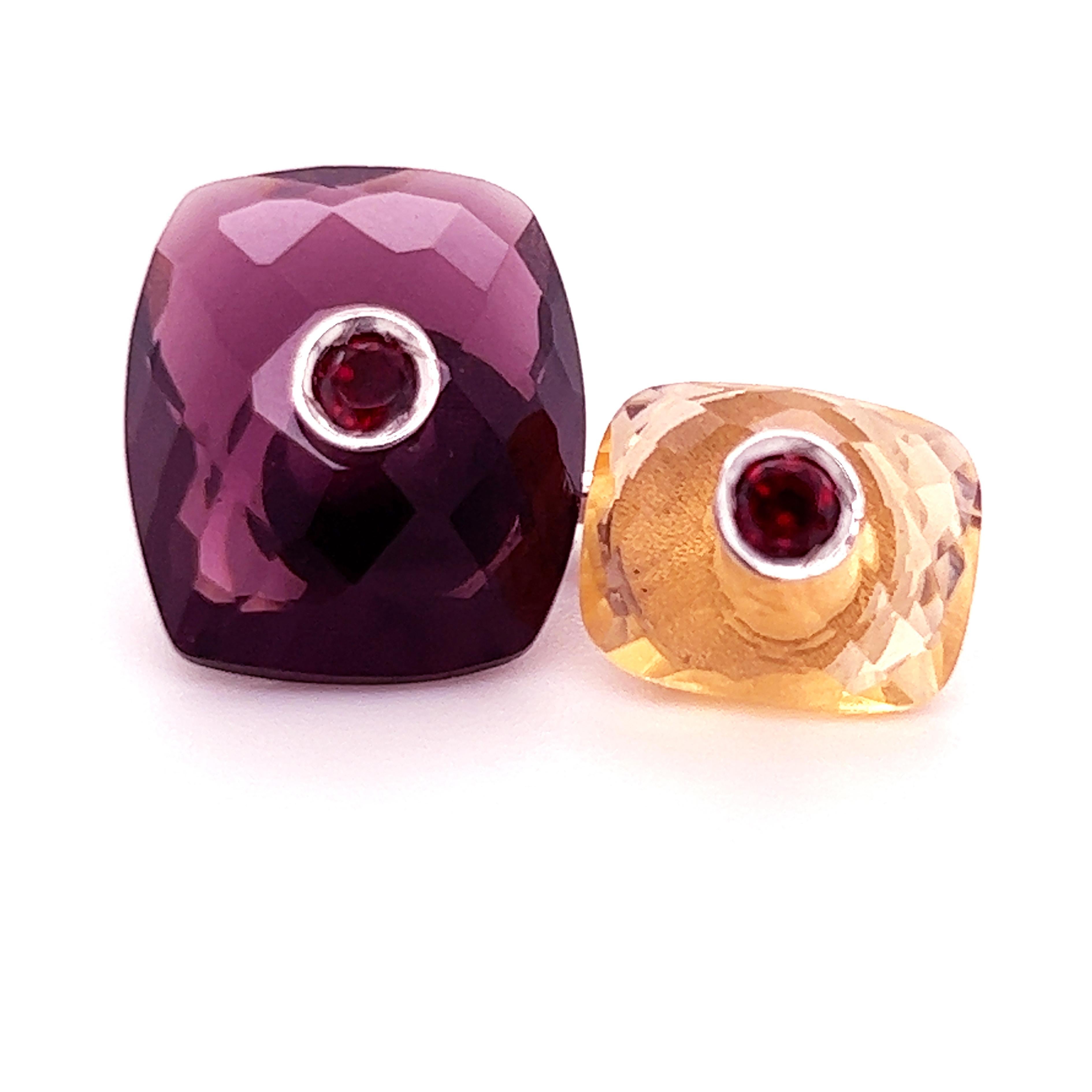 Unique, Chic yet Timeless 0.32 Carat Round Ruby Brilliant Cut in an 18.68 Carat Hand Inlaid Double Faceted  Amethyst and Citrine Quartz White Gold Setting Cufflinks.
In our smart fitted Suede Tobacco Leather Case and Pouch.
