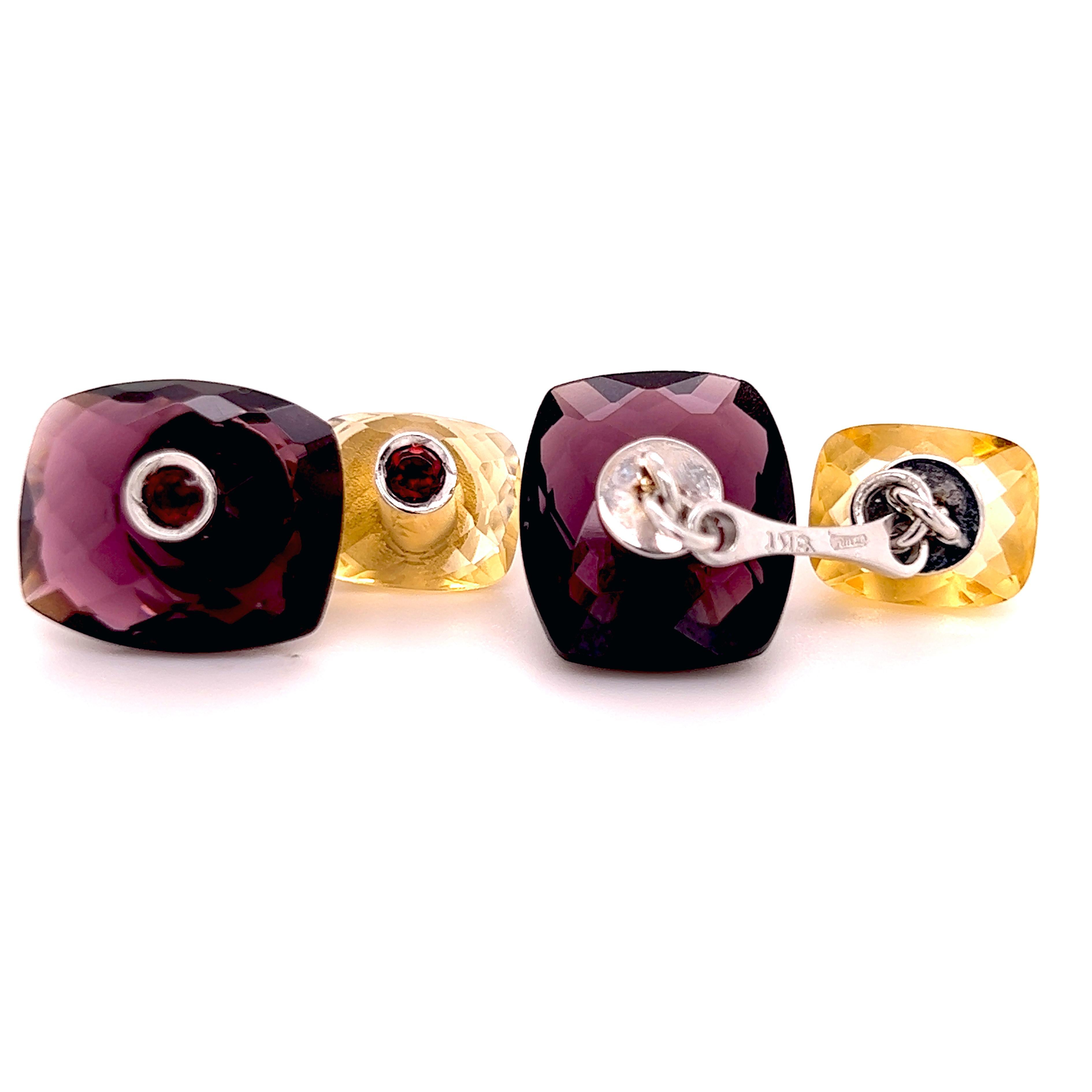 Contemporary Berca Ruby Inlaid Faceted Amethyst Citrine Quartz Setting White Gold Cufflinks For Sale