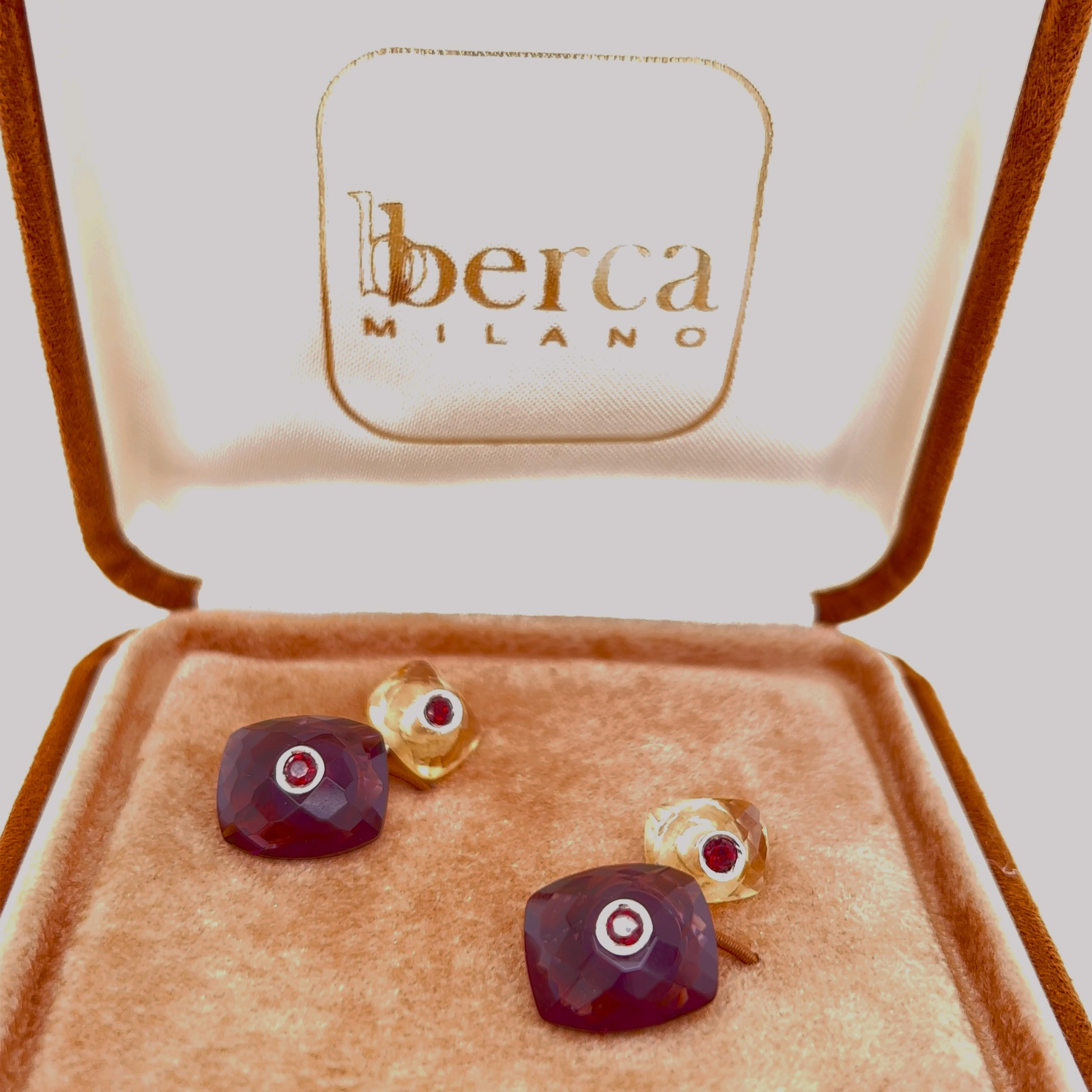 Men's Berca Ruby Inlaid Faceted Amethyst Citrine Quartz Setting White Gold Cufflinks For Sale