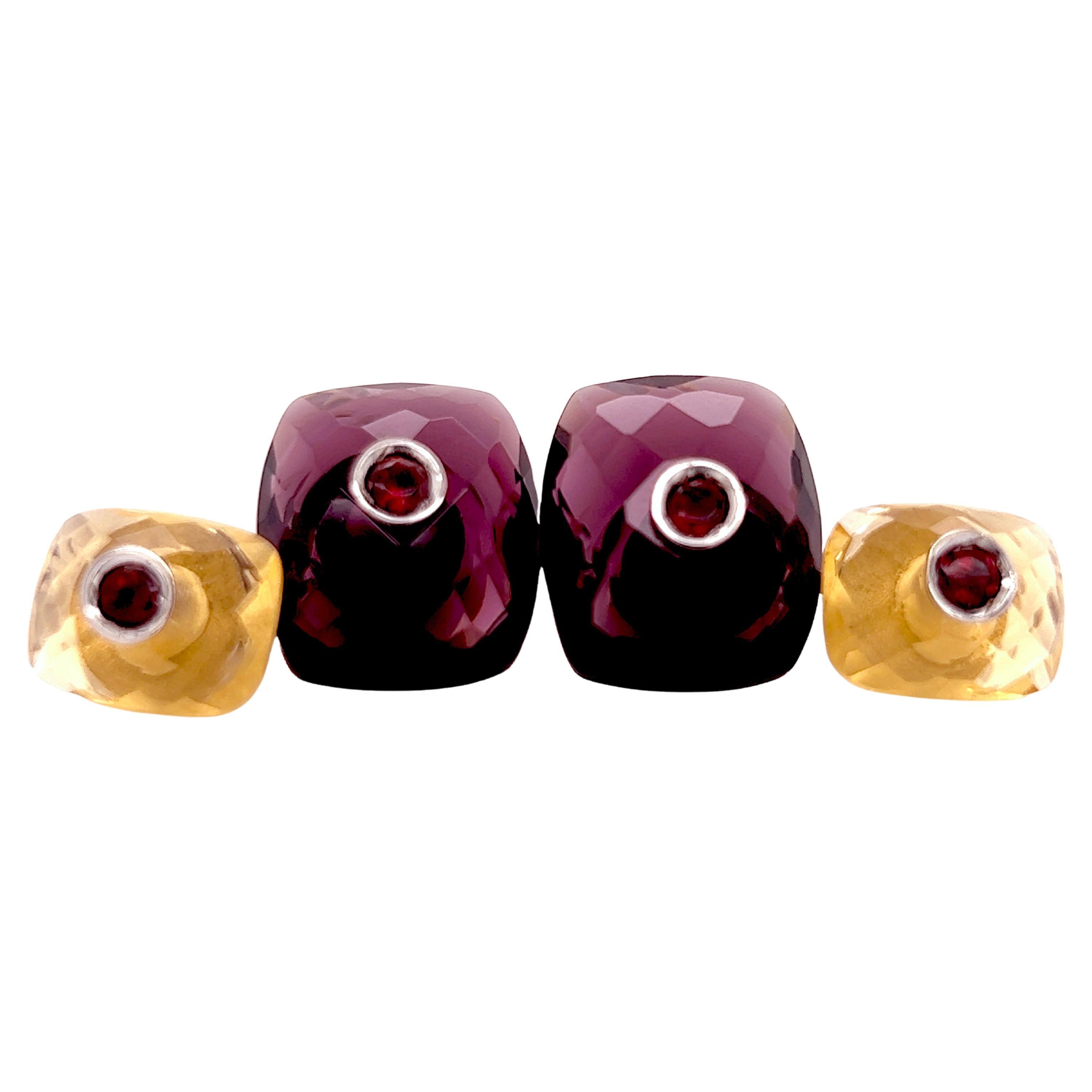 Berca Ruby Inlaid Faceted Amethyst Citrine Quartz Setting White Gold Cufflinks For Sale