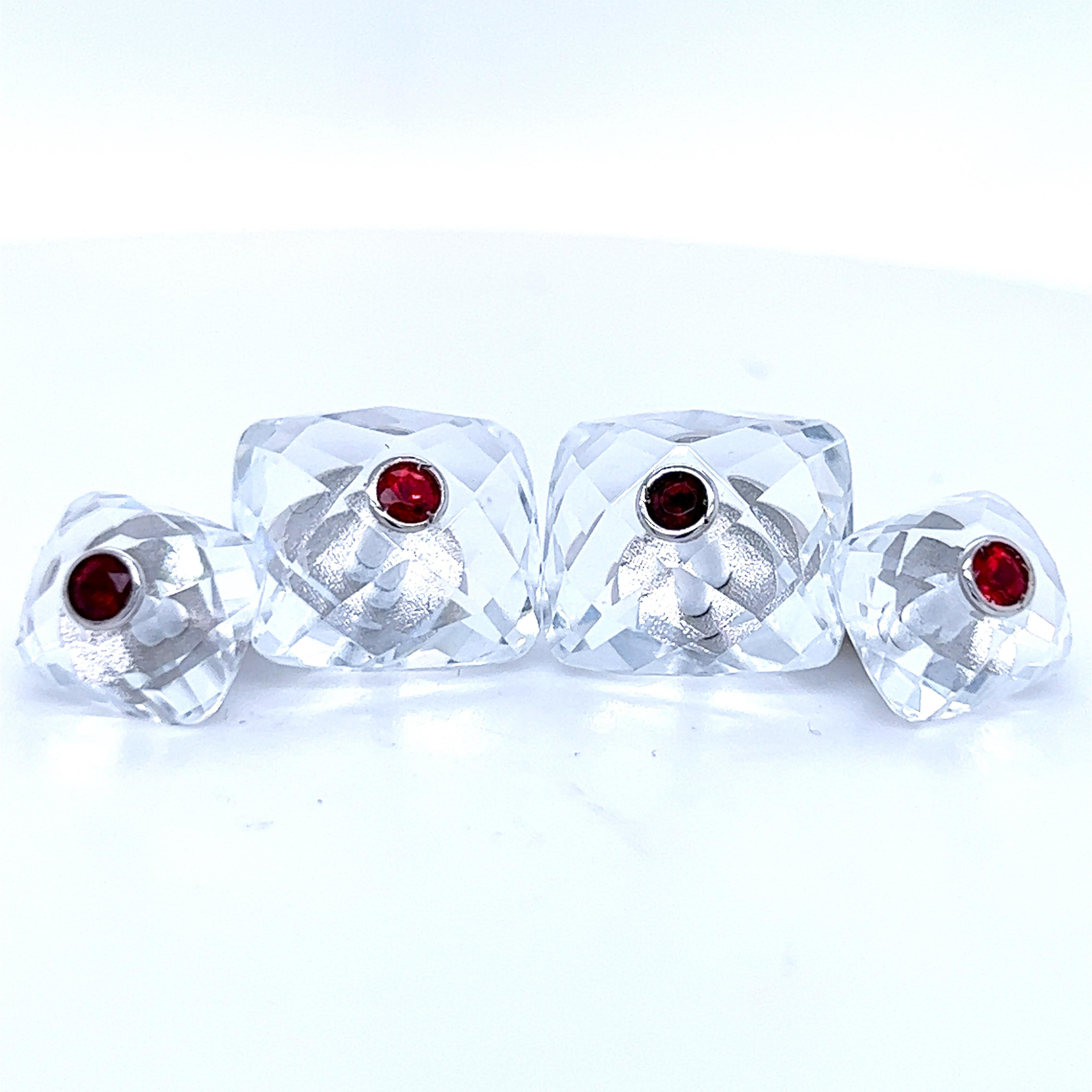 Berca Ruby Inlaid Faceted Rock Crystal Quartz Setting White Gold Cufflinks For Sale 3